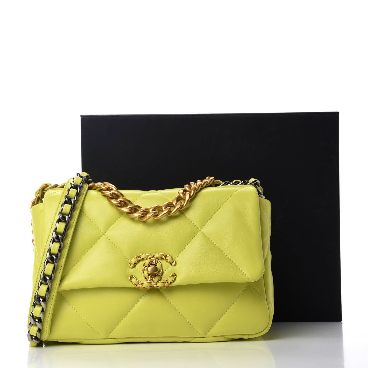 Chanel Shiny Lambskin Quilted Medium Chanel 19 Flap Neon Yellow 12 of 12