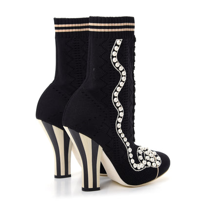 Fendi Stretch Fabric Pearl Embellished Openwork Rockoko 105mm Sock Boots 39.5 Black 4 of 8