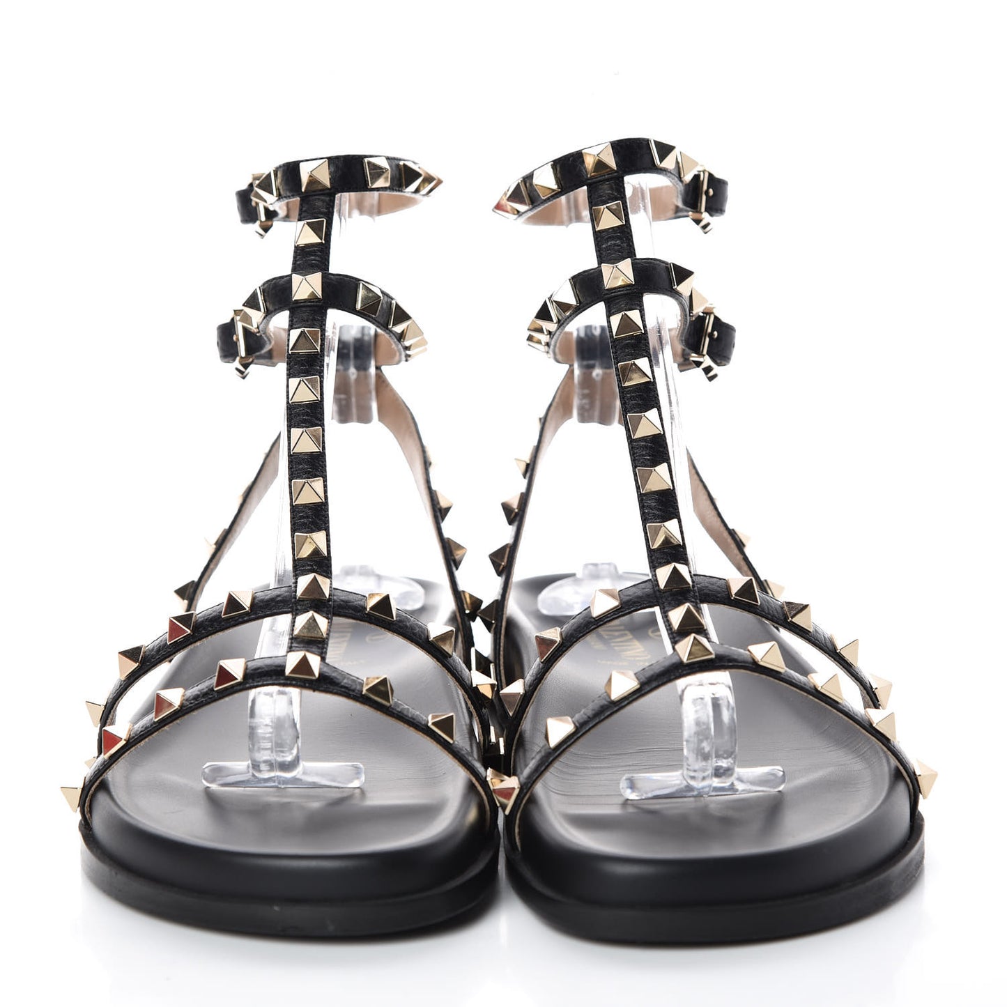 Calfskin Bedrock Rockstud Ankle Flat Sandals 38.5 Black
