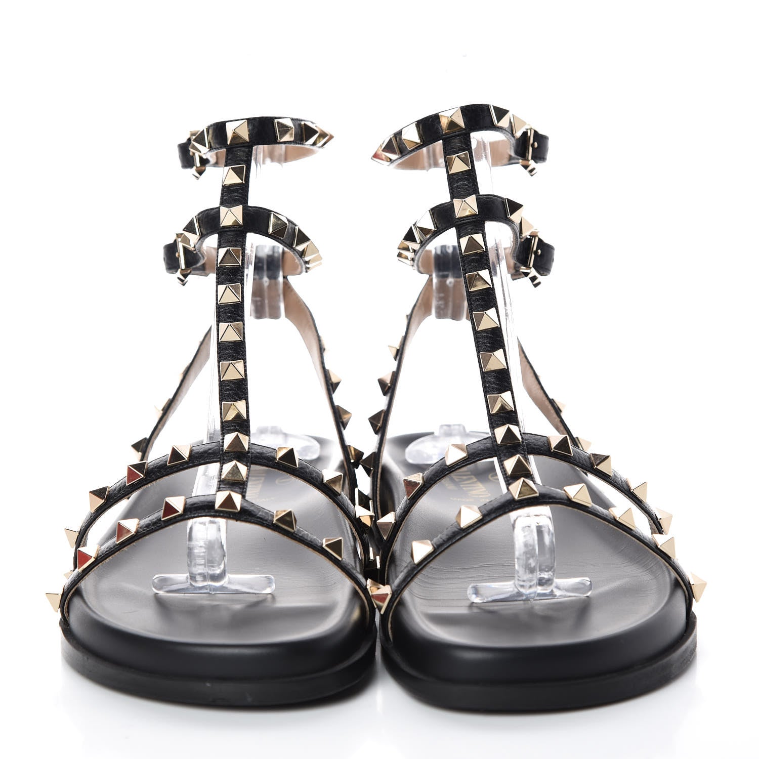 Valentino Garavani Calfskin Bedrock Rockstud Ankle Flat Sandals 38.5 Black 2 of 8