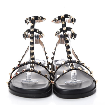 Valentino Garavani Calfskin Bedrock Rockstud Ankle Flat Sandals 38.5 Black 2 of 8