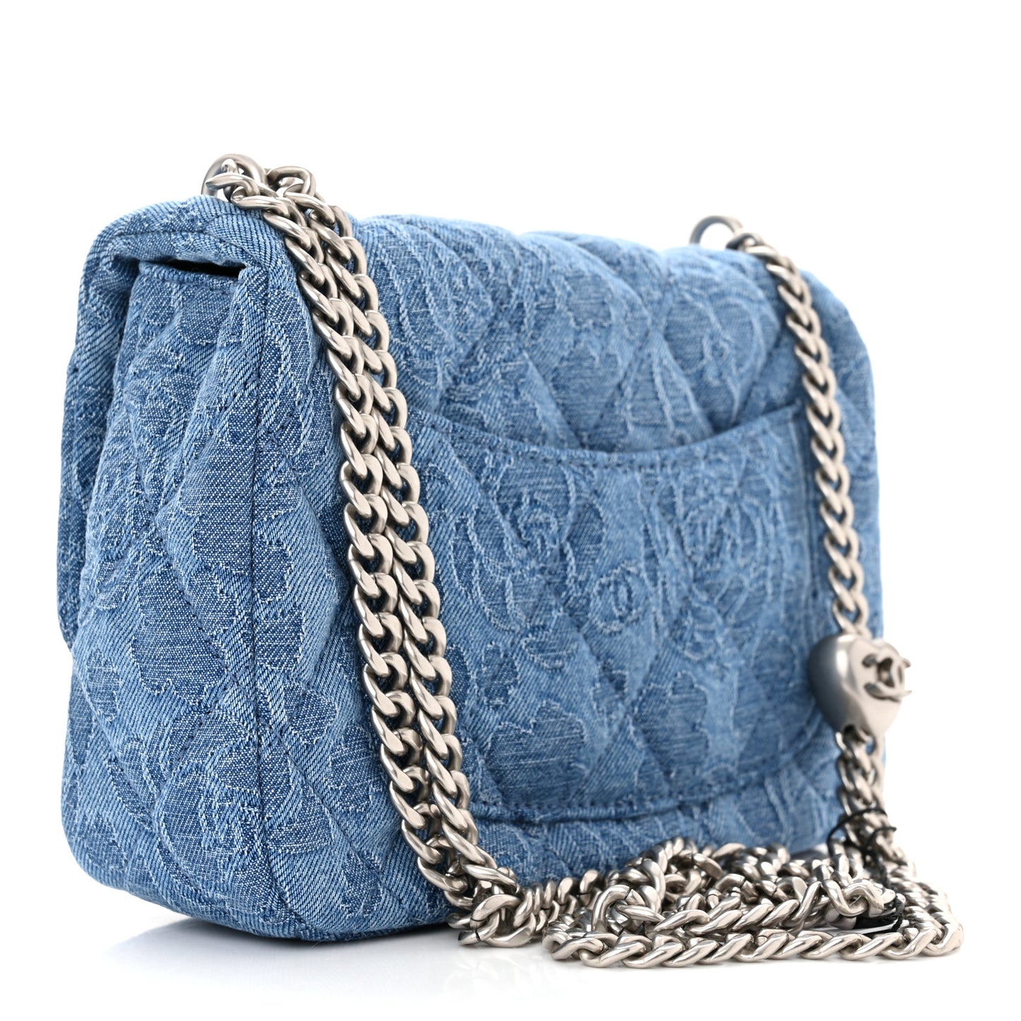 Denim Quilted Camellia Sweetheart Mini Flap Blue