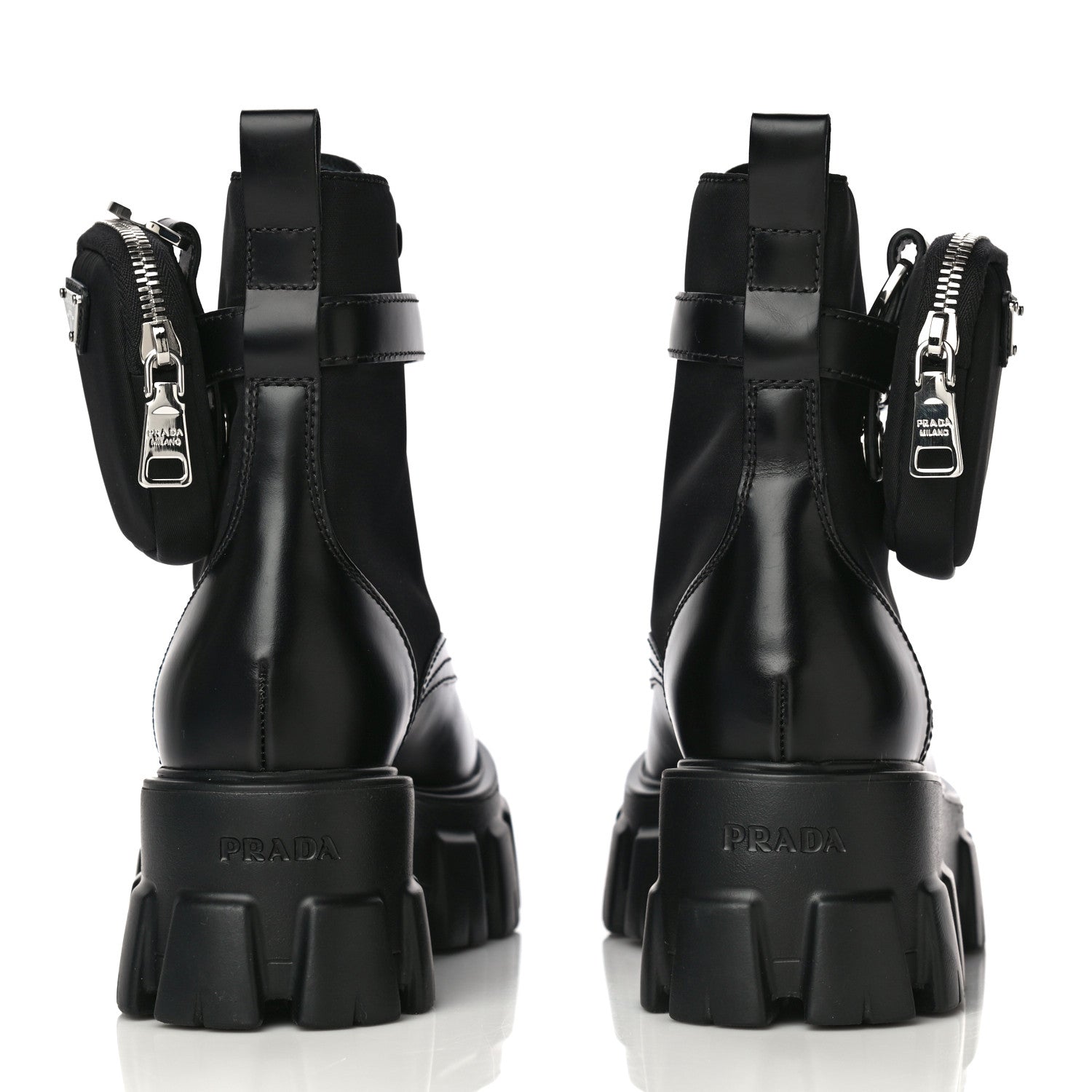 Prada Spazzolato Rois Re-Nylon Metal Triangle Logo Monolith Pouch Pocket 55mm Boots 35 Black 6 of 13
