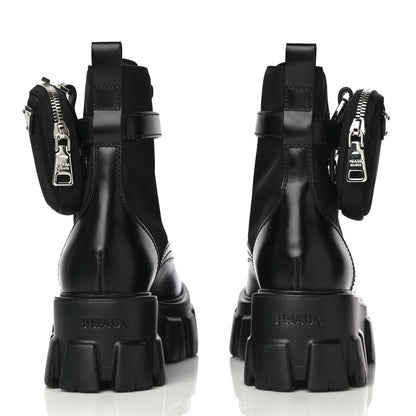 Prada Spazzolato Rois Re-Nylon Metal Triangle Logo Monolith Pouch Pocket 55mm Boots 35 Black 6 of 13