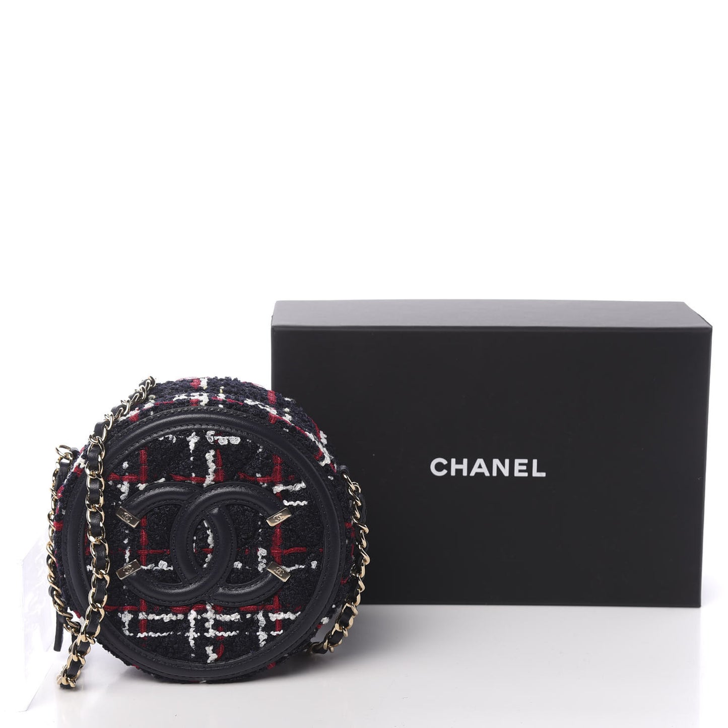 Tweed Quilted Round Filigree Clutch With Chain Navy Blue