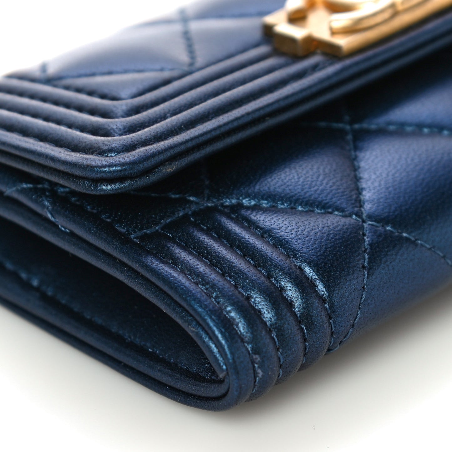 Metallic Lambskin Quilted Boy Flap Card Holder Blue