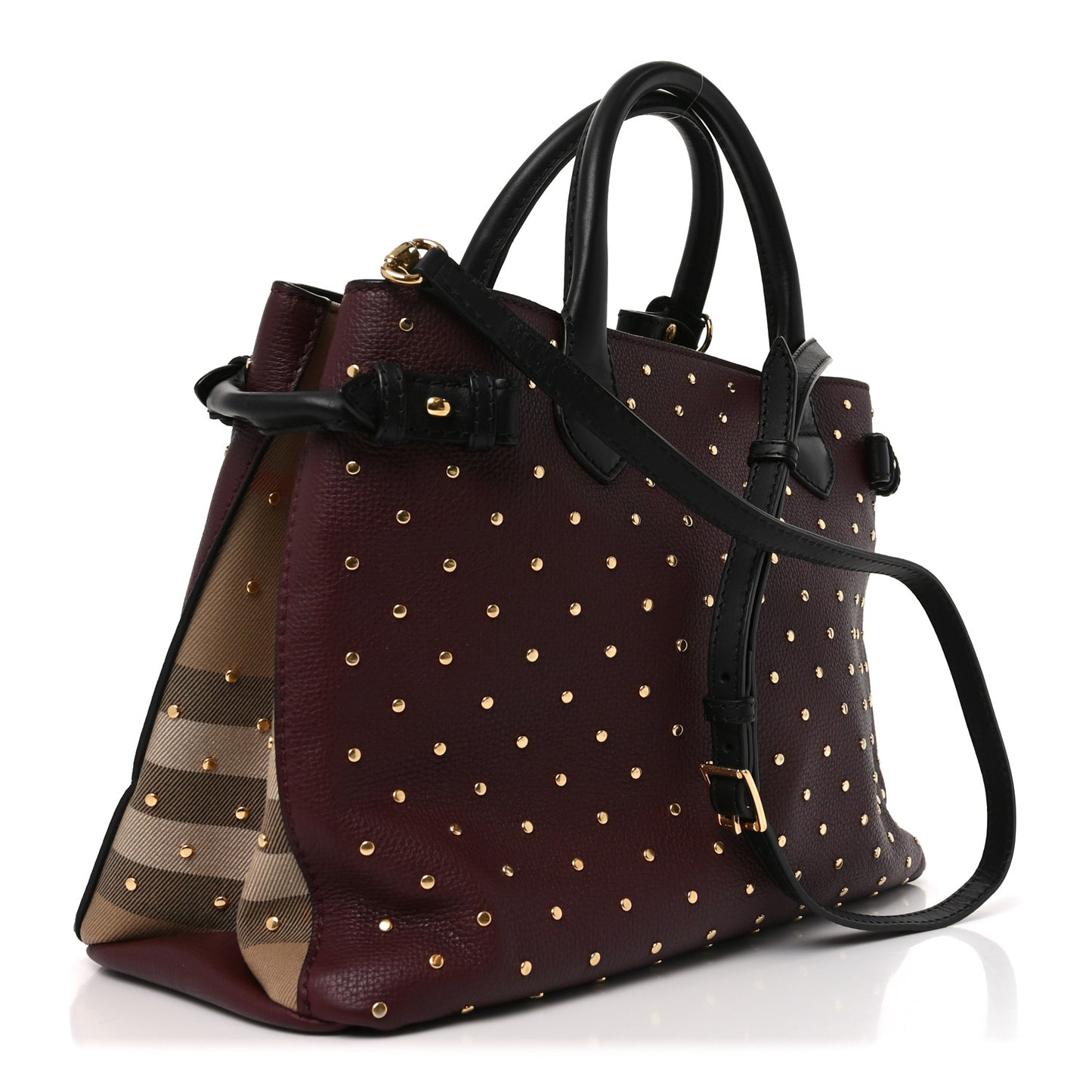 Grainy Calfskin Studded Medium Banner Tote Burgundy