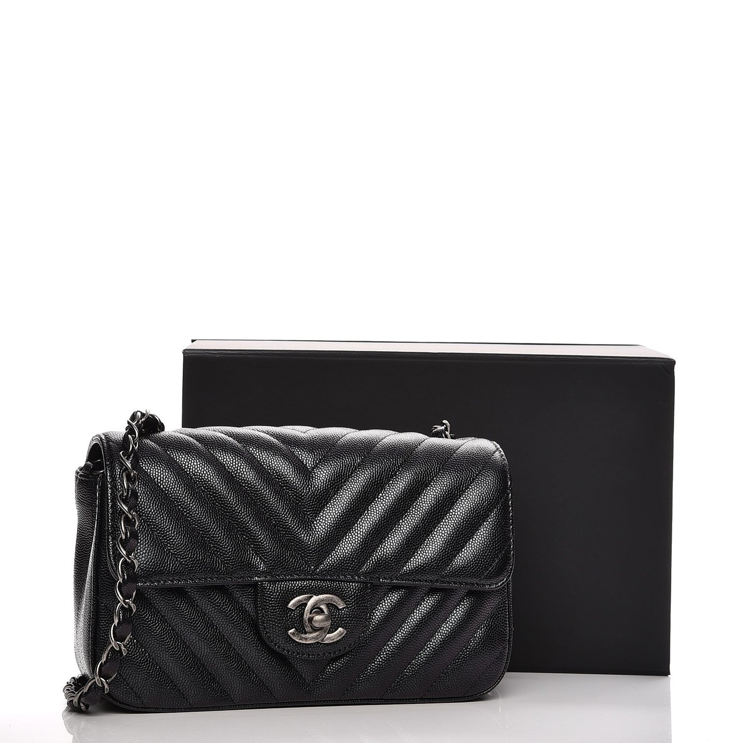 Metallic Caviar Chevron Quilted Mini Rectangular Flap Black
