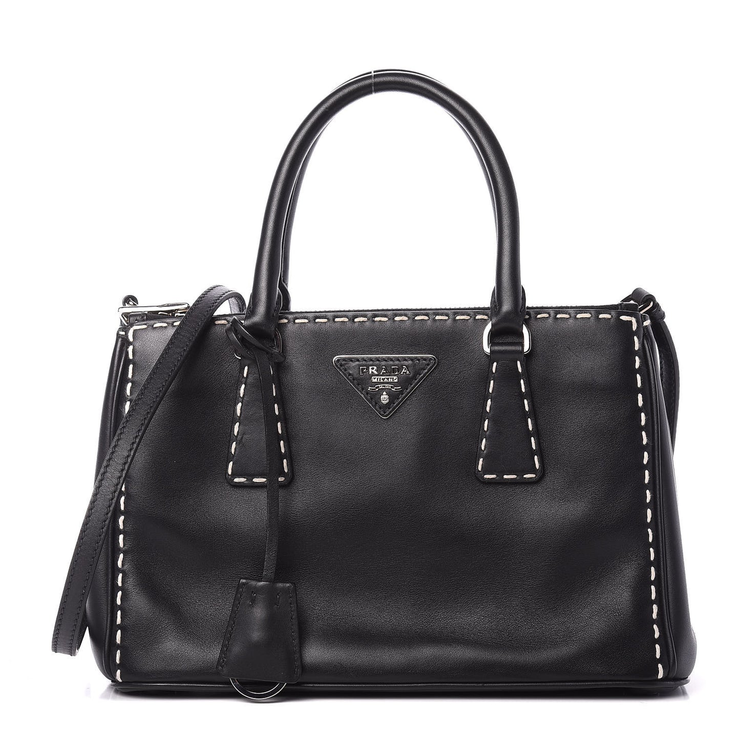 City Calf Mini Hand Stitched Galleria Double Zip Tote Black