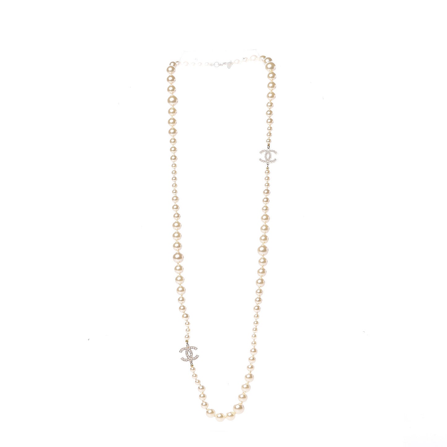 Graduated Pearl CC Long Necklace Light Gold