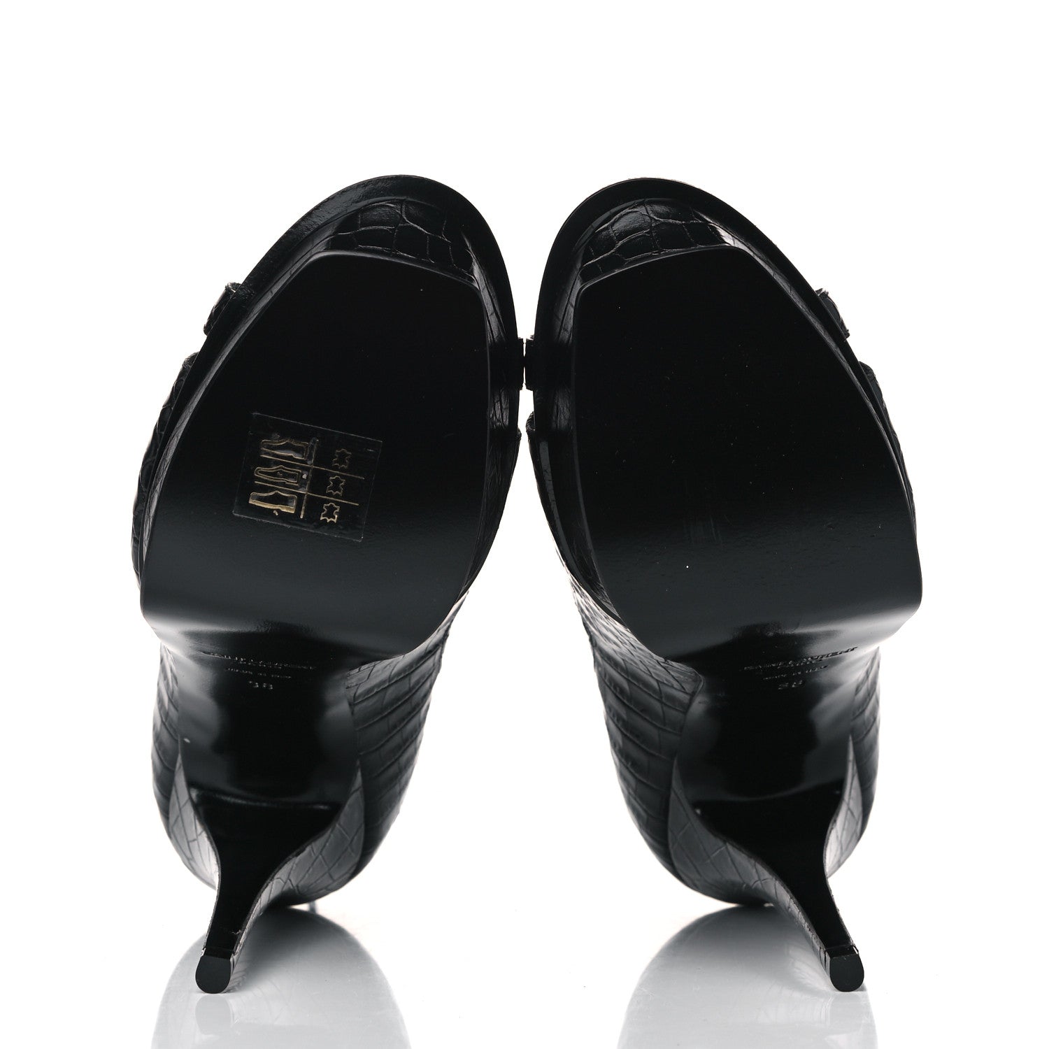 Saint Laurent Calfskin Crocodile Embossed Tribute 16 Lace Up Platform Sandals 38 Black 4 of 4