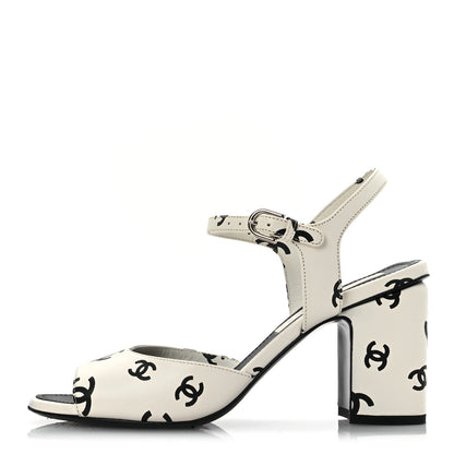 Chanel Printed Lambskin CC Sandals 37 White Black 1 of 15