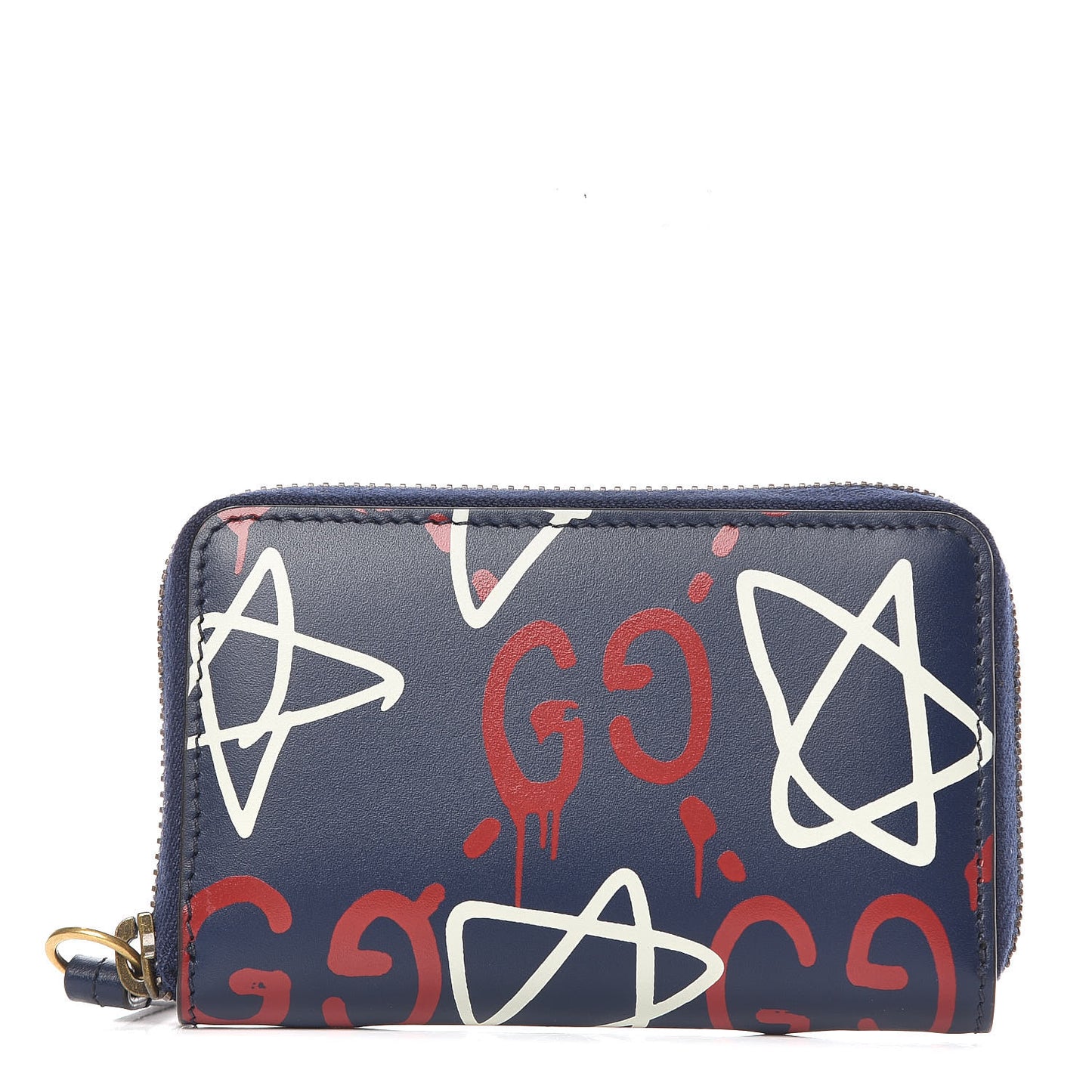 Calfskin GucciGhost Zip Around Card Case Blue Agata Hibiscus Red