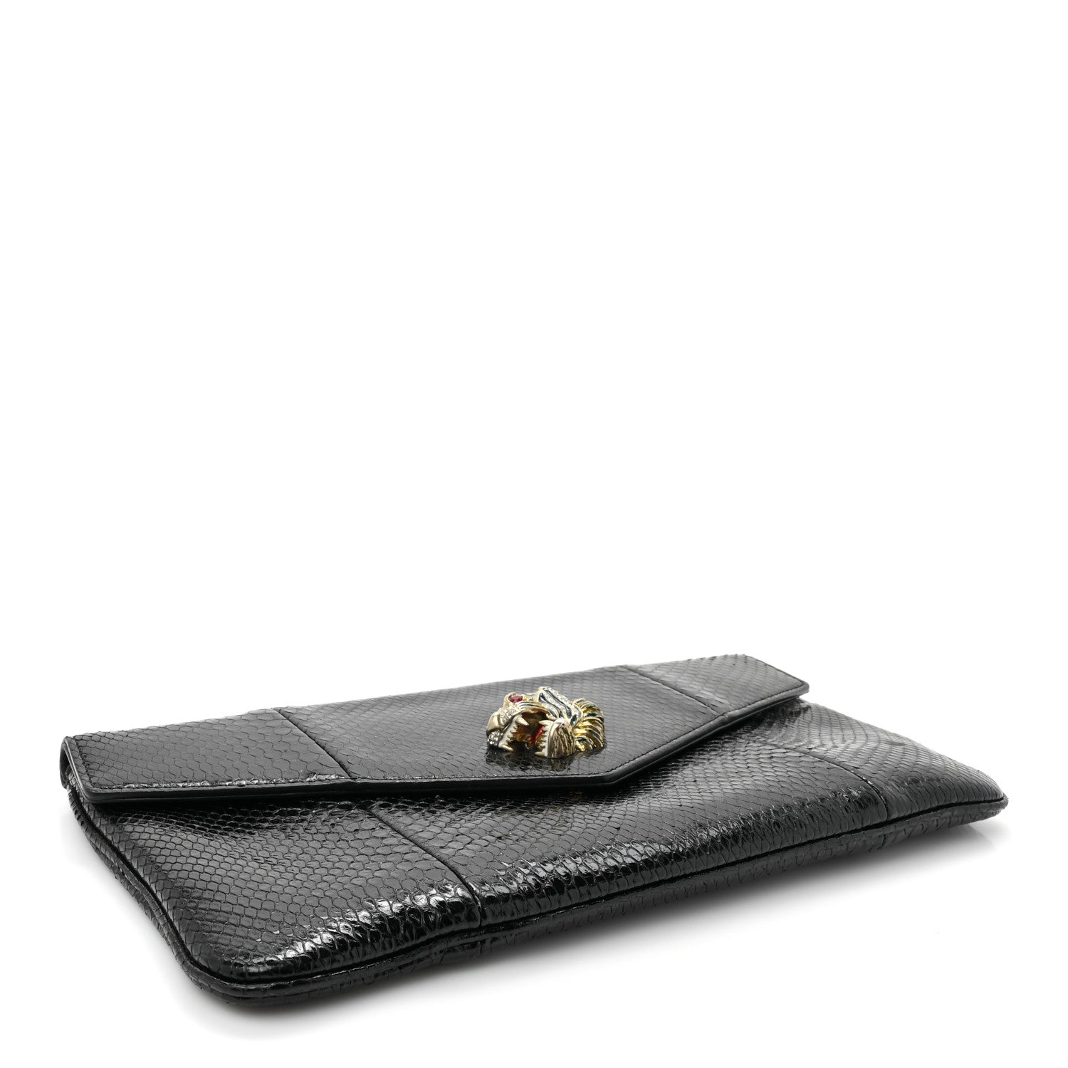 Gucci Snakeskin Rajah Broadway Envelope Clutch Black 4 of 11