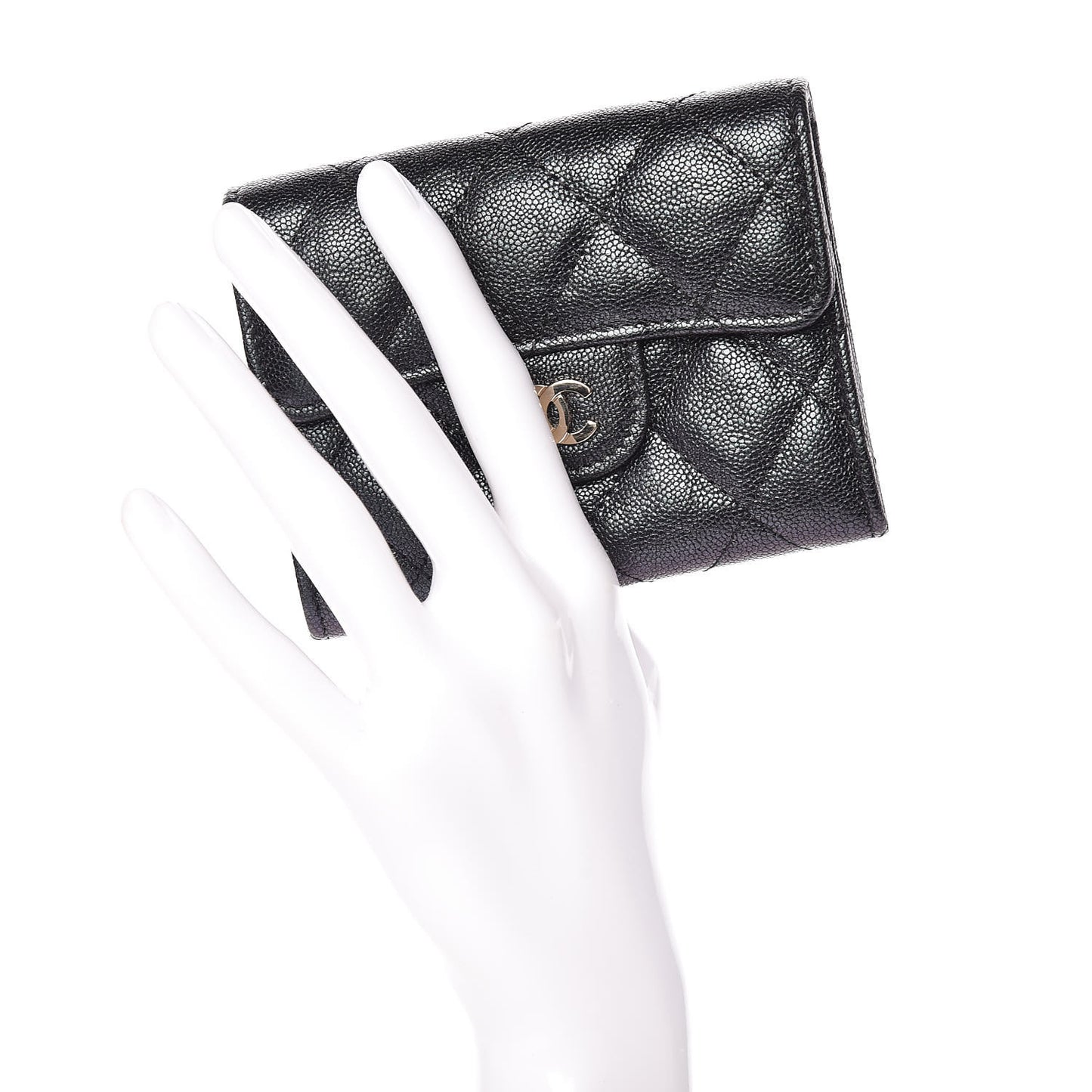 Iridescent Caviar Quilted Flap Card Holder Wallet Black