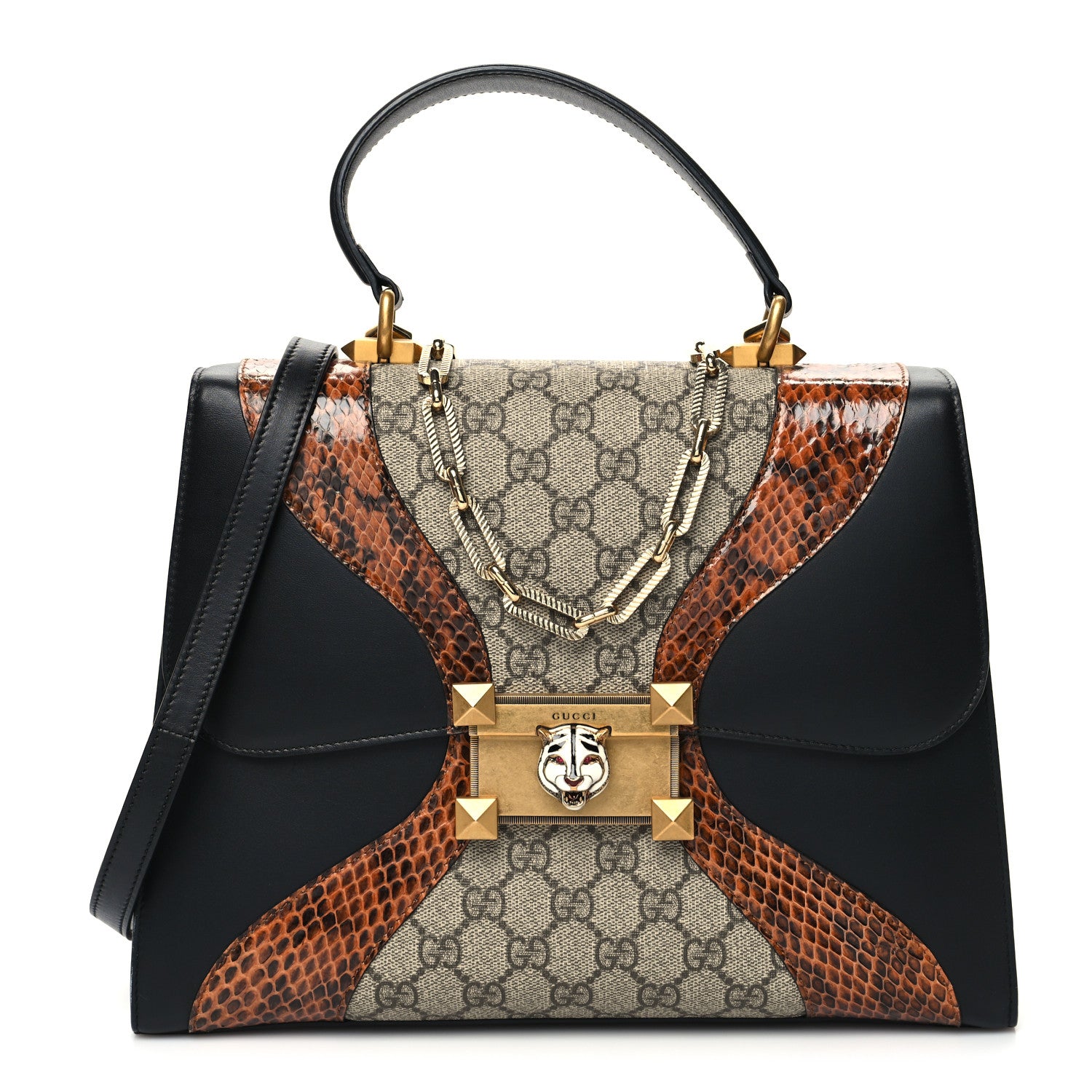 Gucci Nappa Elaphe GG Supreme Monogram Medium Osiride Top Handle Bag Black Bright Cuir Beige Ebony 1 of 14
