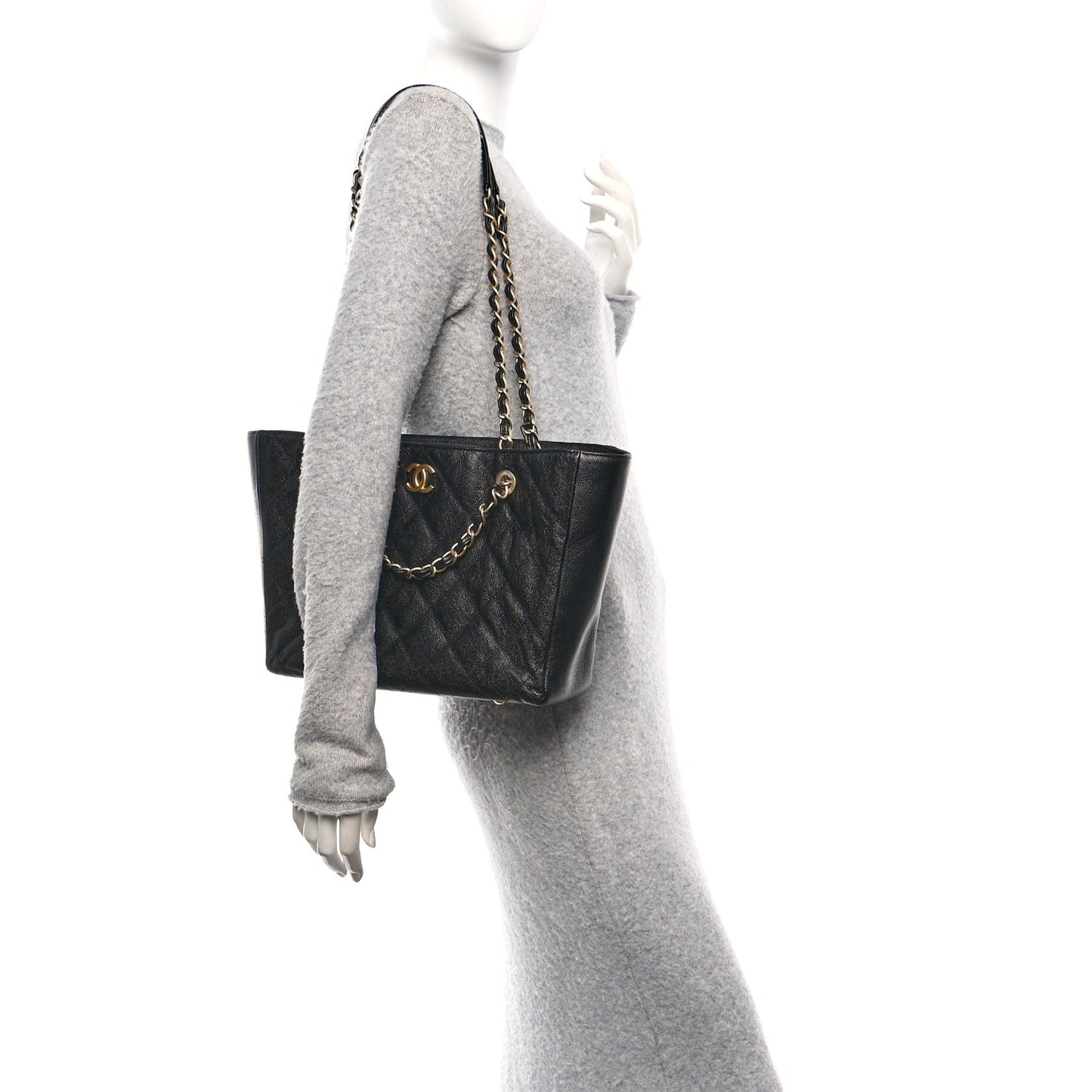 Caviar Quilted Small Trapezoid Chain Shopping Tote Black