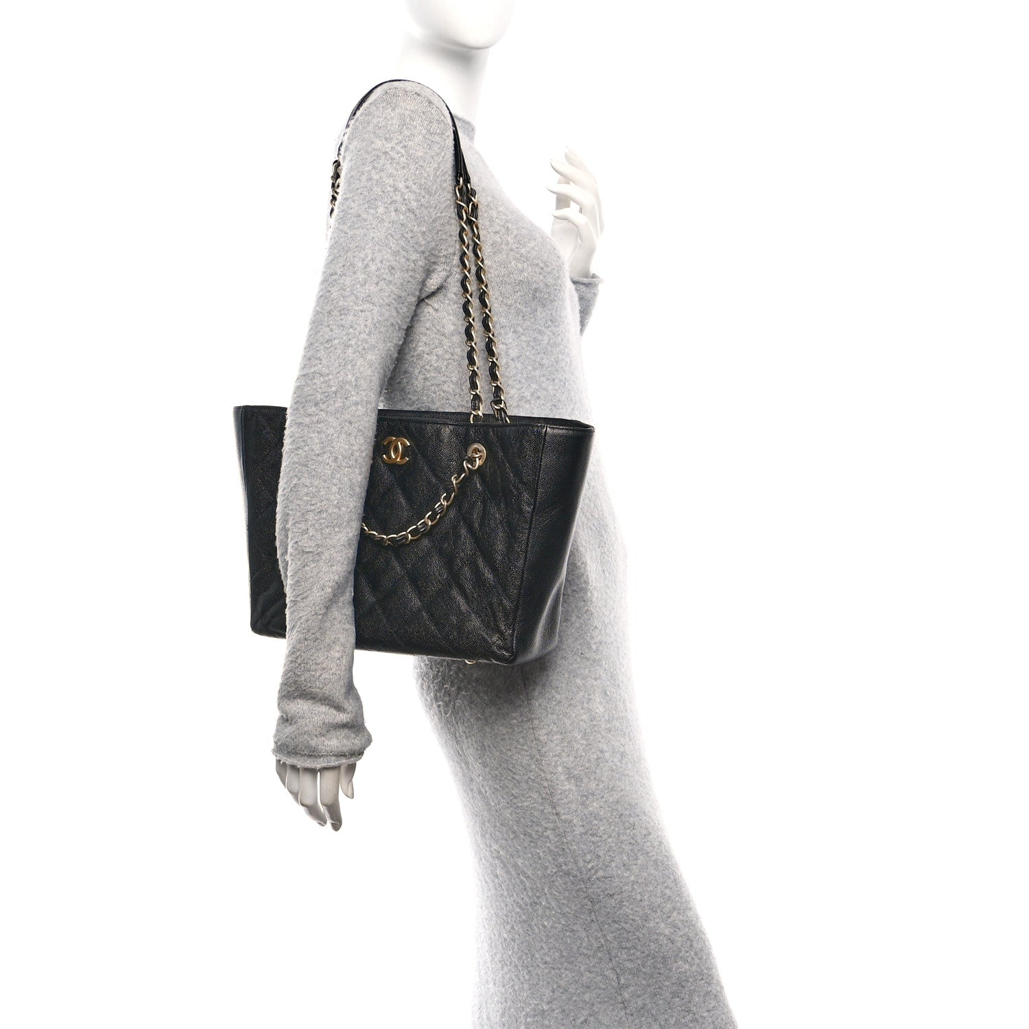 Chanel Caviar Quilted Small Trapezoid Chain Shopping Tote Black 2 of 10