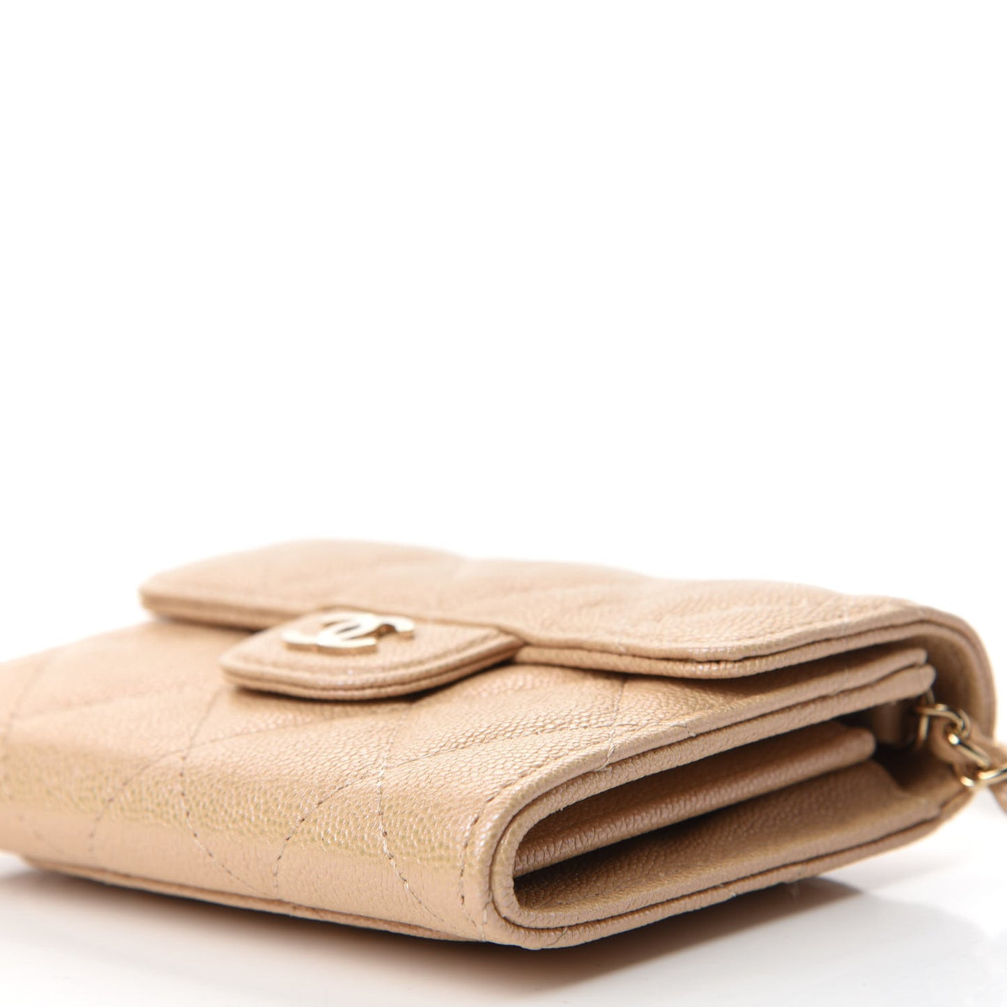 Iridescent Caviar Quilted Flap Card Holder On Chain Beige