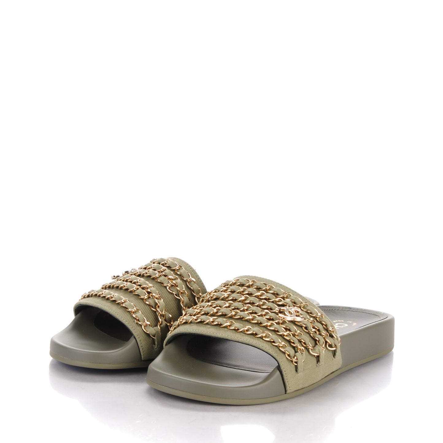 Lambskin Canvas Chain Flat Sandals 37 Green