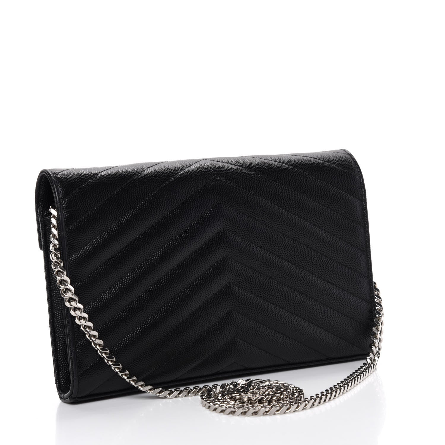 Saint Laurent Grain De Poudre Matelasse Chevron Monogram Chain Wallet Black 3 of 12
