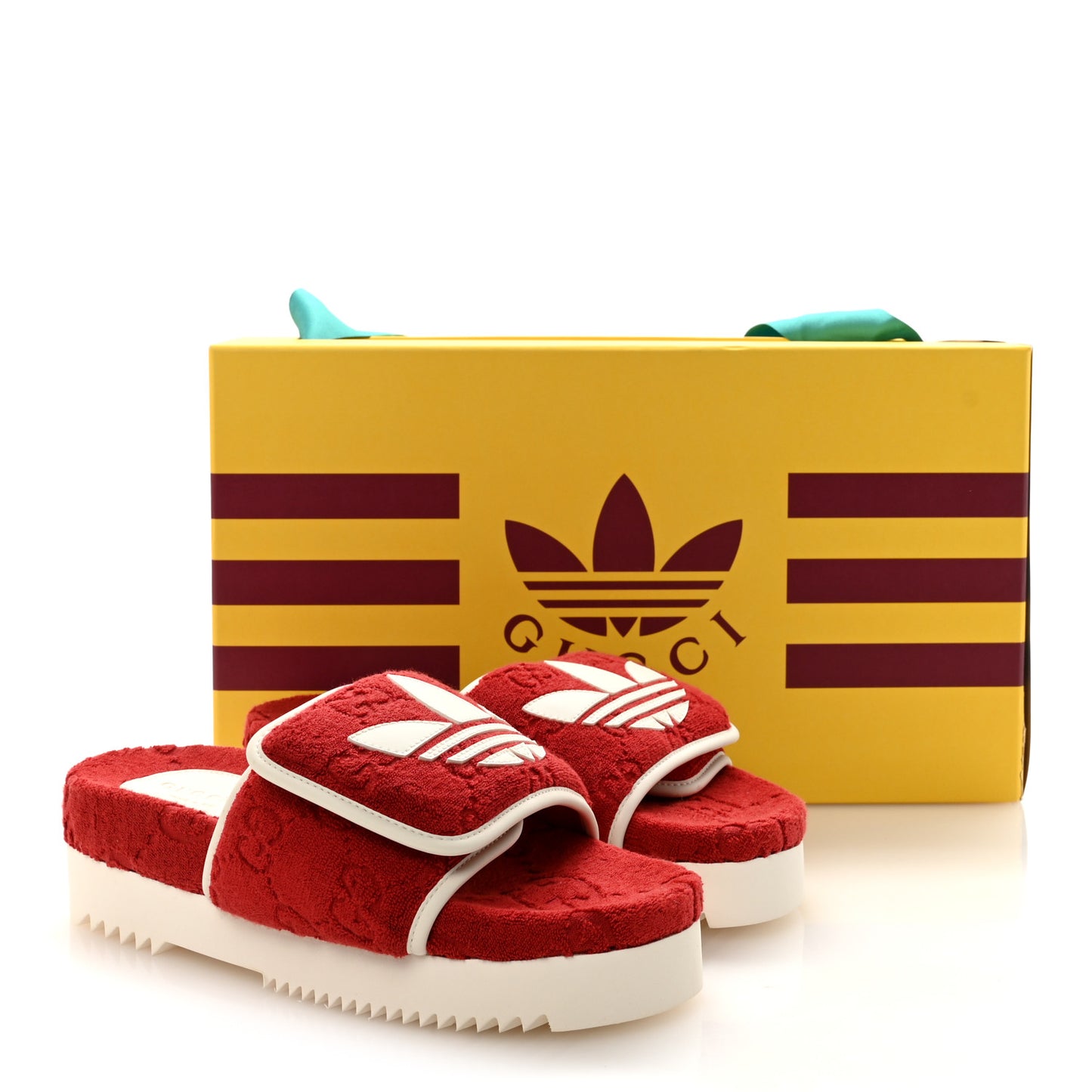 X ADIDAS Terry Cloth GG Monogram Womens Platform Sandals 37 Maple Red Off White
