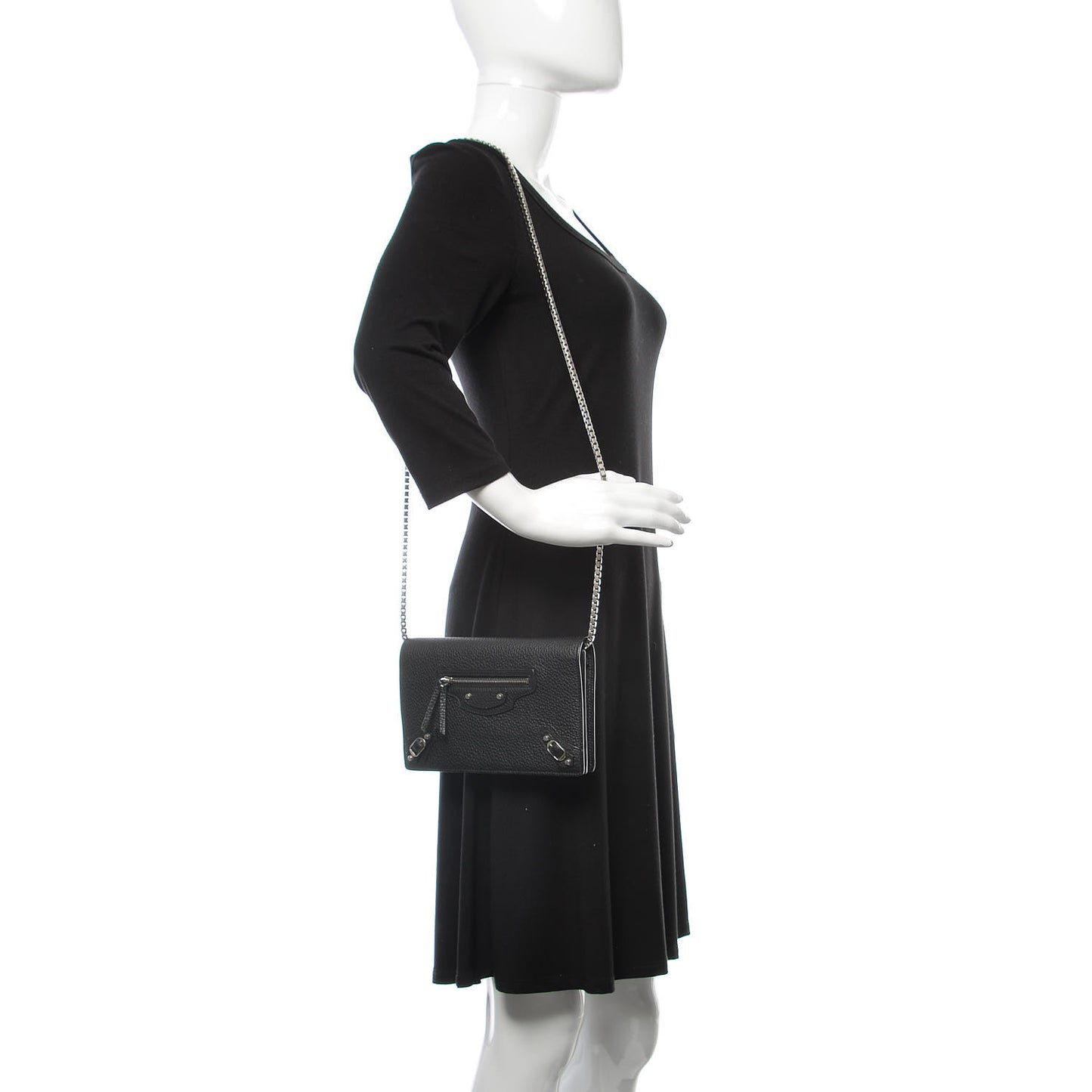 Grained Calfskin Classic Silver Hardware Wallet On Chain Black