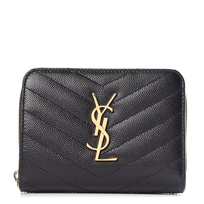 Saint Laurent Grain De Poudre Matelasse Chevron Monogram Compact Zip Around Wallet Black 1 of 10