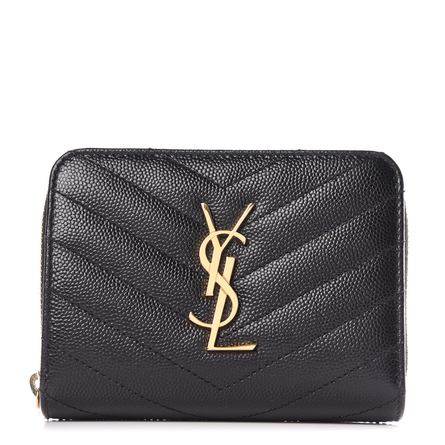 Saint Laurent Grain De Poudre Matelasse Chevron Monogram Compact Zip Around Wallet Black 1 of 10