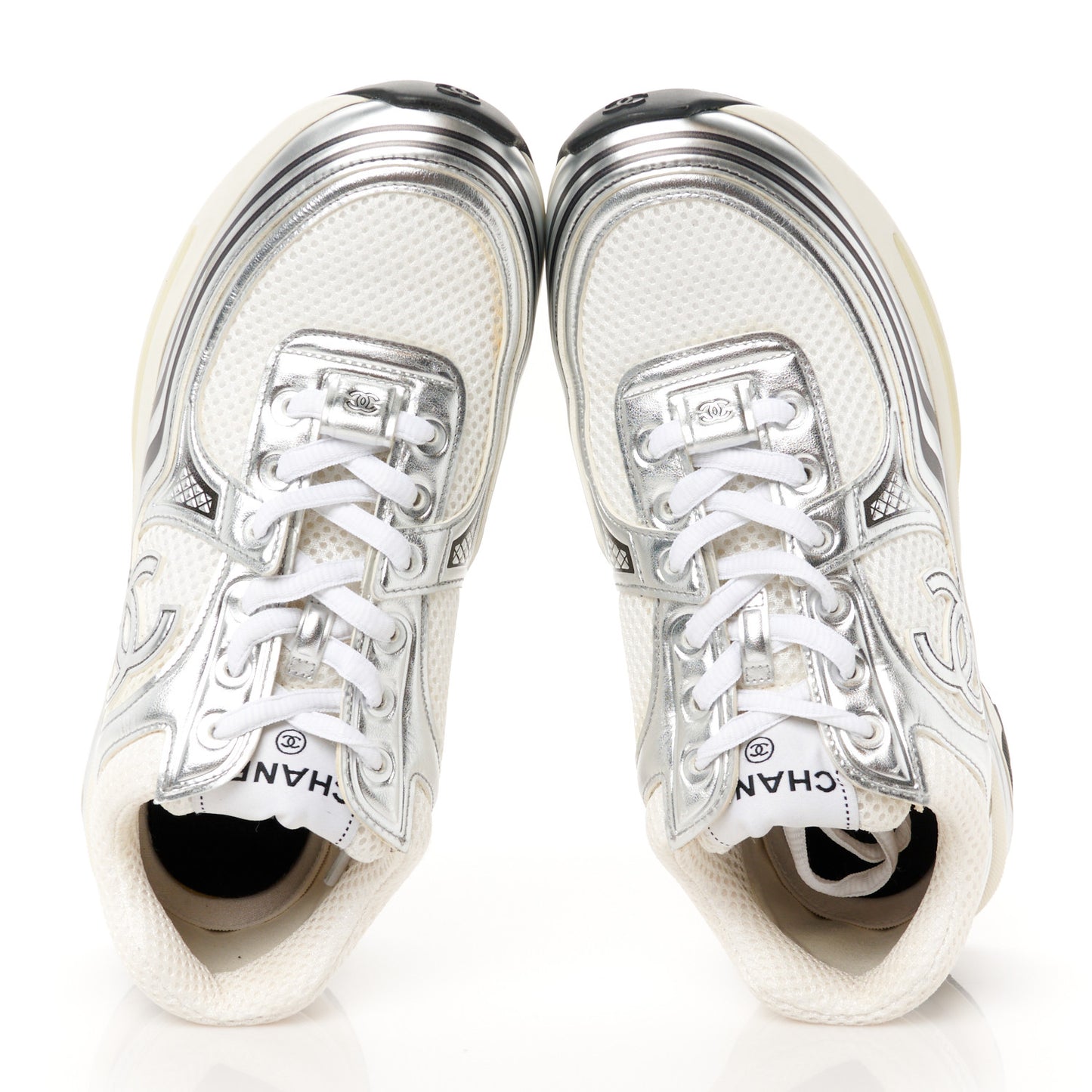 Fabric Laminated Calfskin Stretch CC Womens Sneakers 37 White Silver