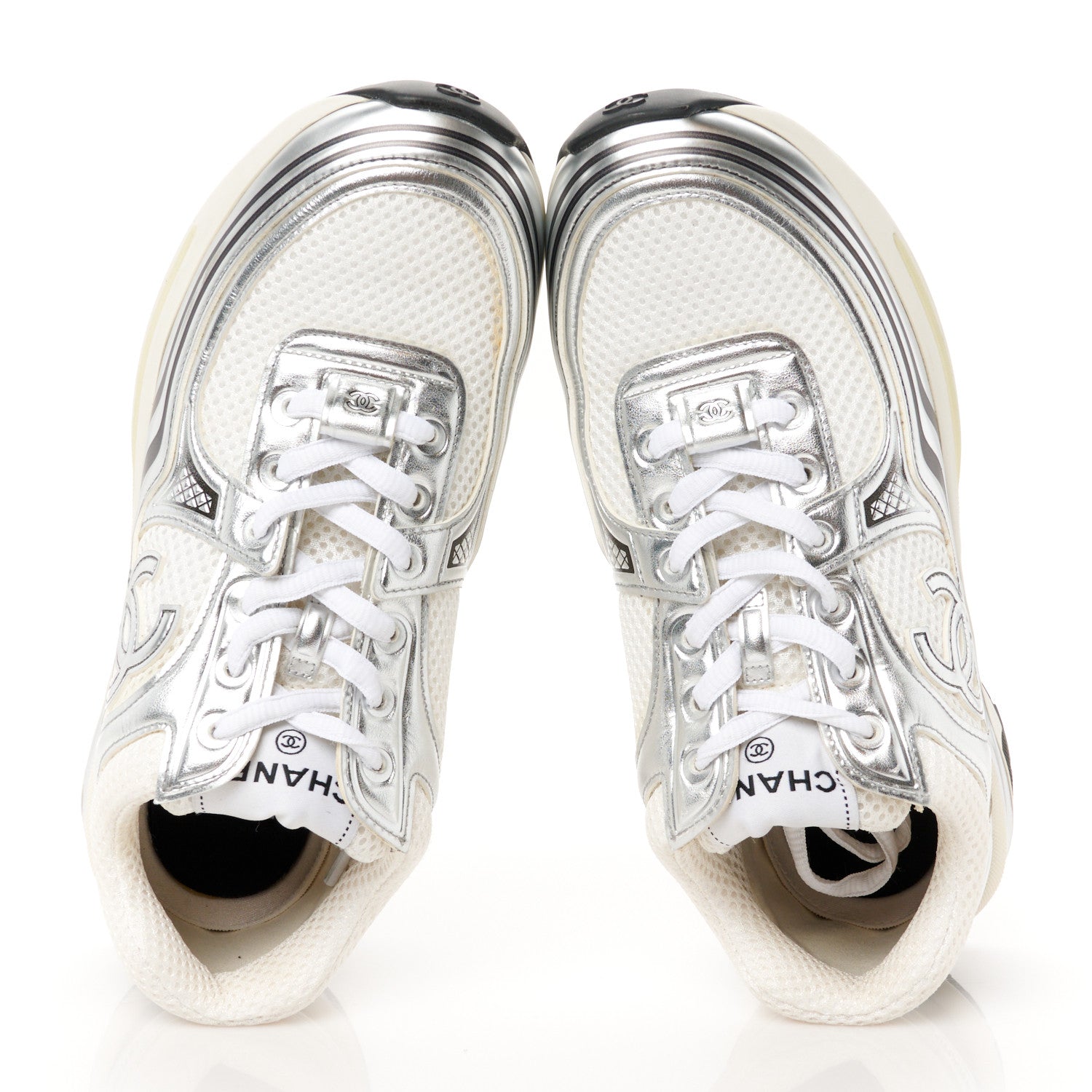 Chanel Fabric Laminated Calfskin Stretch CC Womens Sneakers 37 White Silver 2 of 9