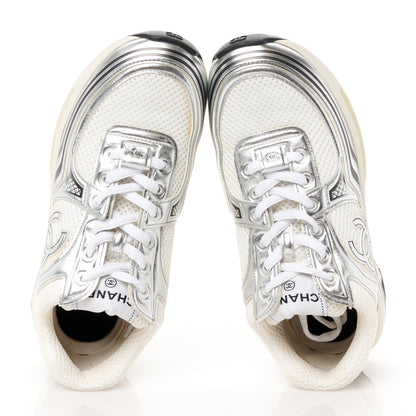 Chanel Fabric Laminated Calfskin Stretch CC Womens Sneakers 37 White Silver 2 of 9