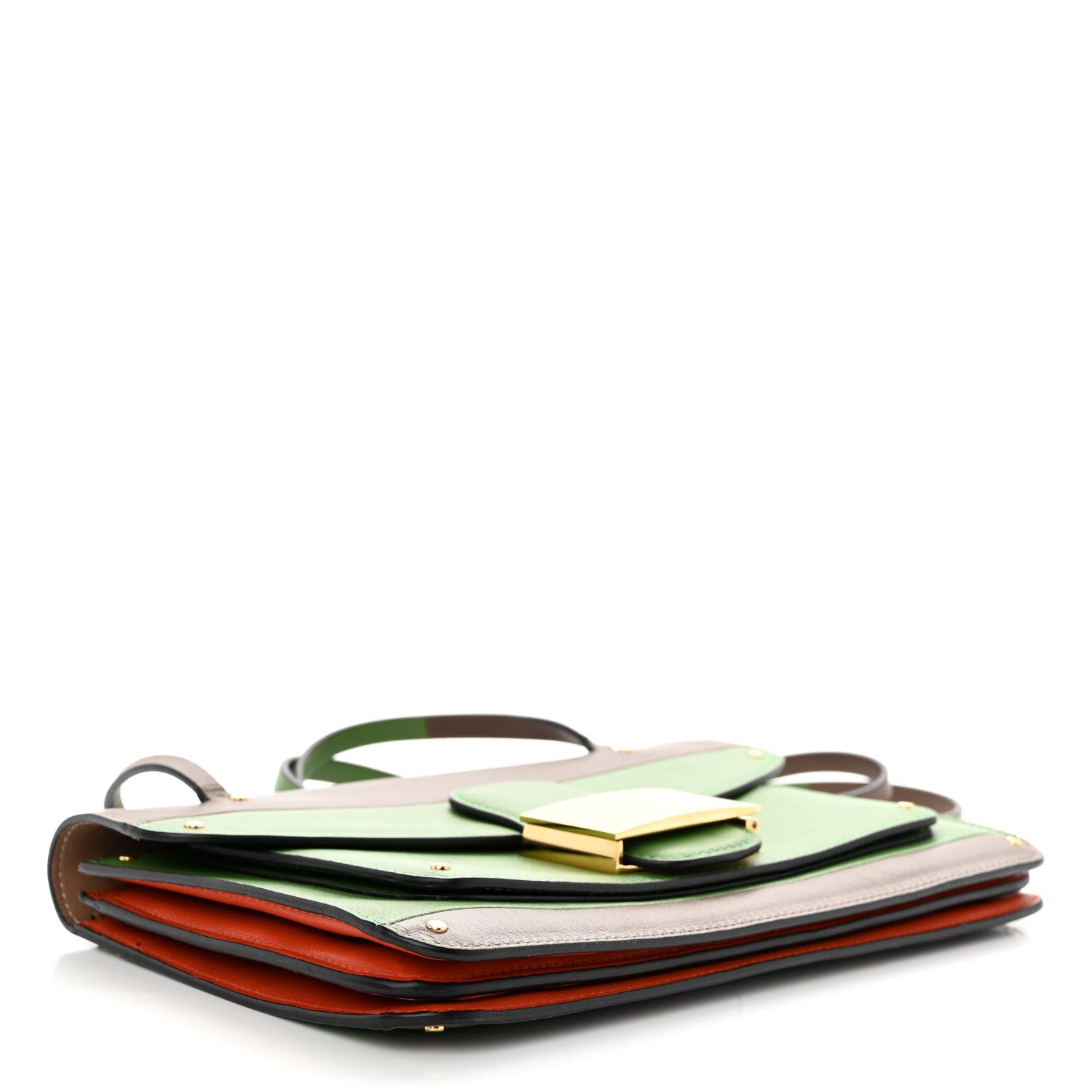 Valentino Garavani Calfskin Rivet Colorblock Double Handle Shoulder Bag Brown Green 4 of 12