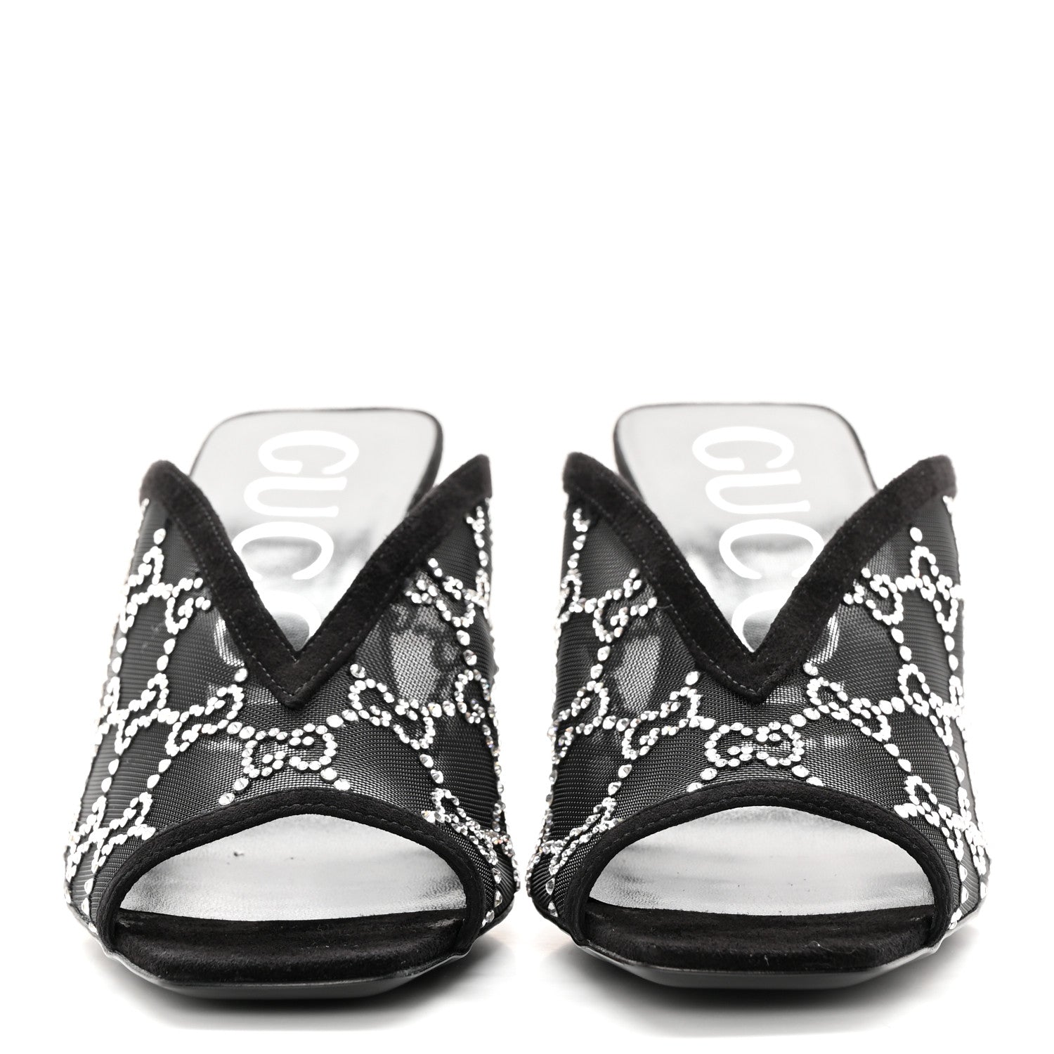 Gucci Tela Retino Kid Scamosciato Crystal GG Monogram Square G 95mm Slide Sandals 37.5 Black 2 of 12