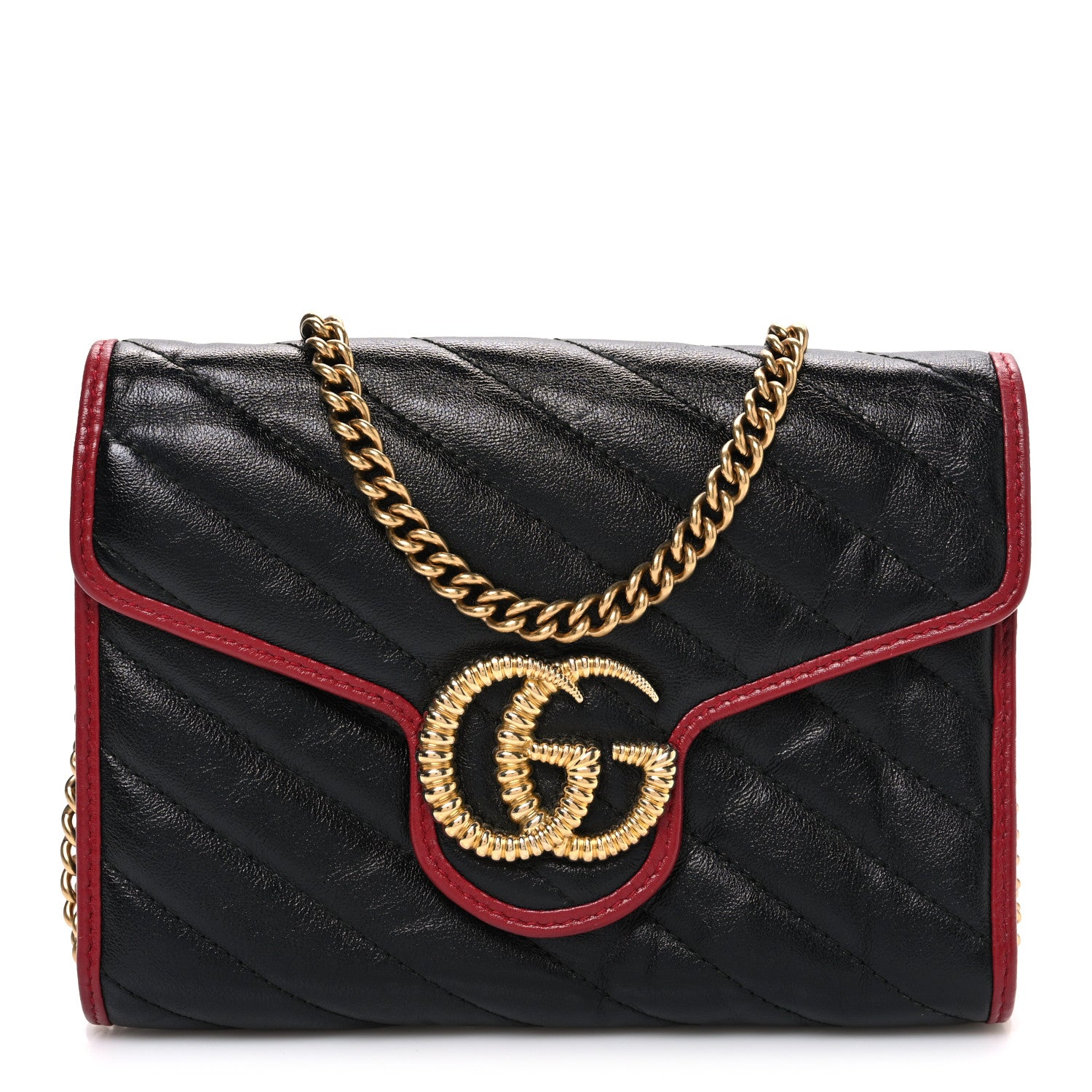 Gucci Vintage Effect Calfskin Matelasse Diagonal Torchon GG Marmont Chain Wallet Black Romantic Cherry 1 of 10