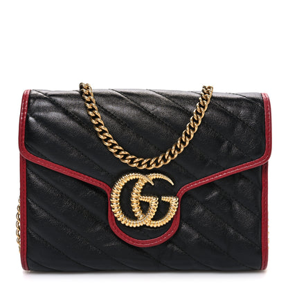 Gucci Vintage Effect Calfskin Matelasse Diagonal Torchon GG Marmont Chain Wallet Black Romantic Cherry 1 of 10