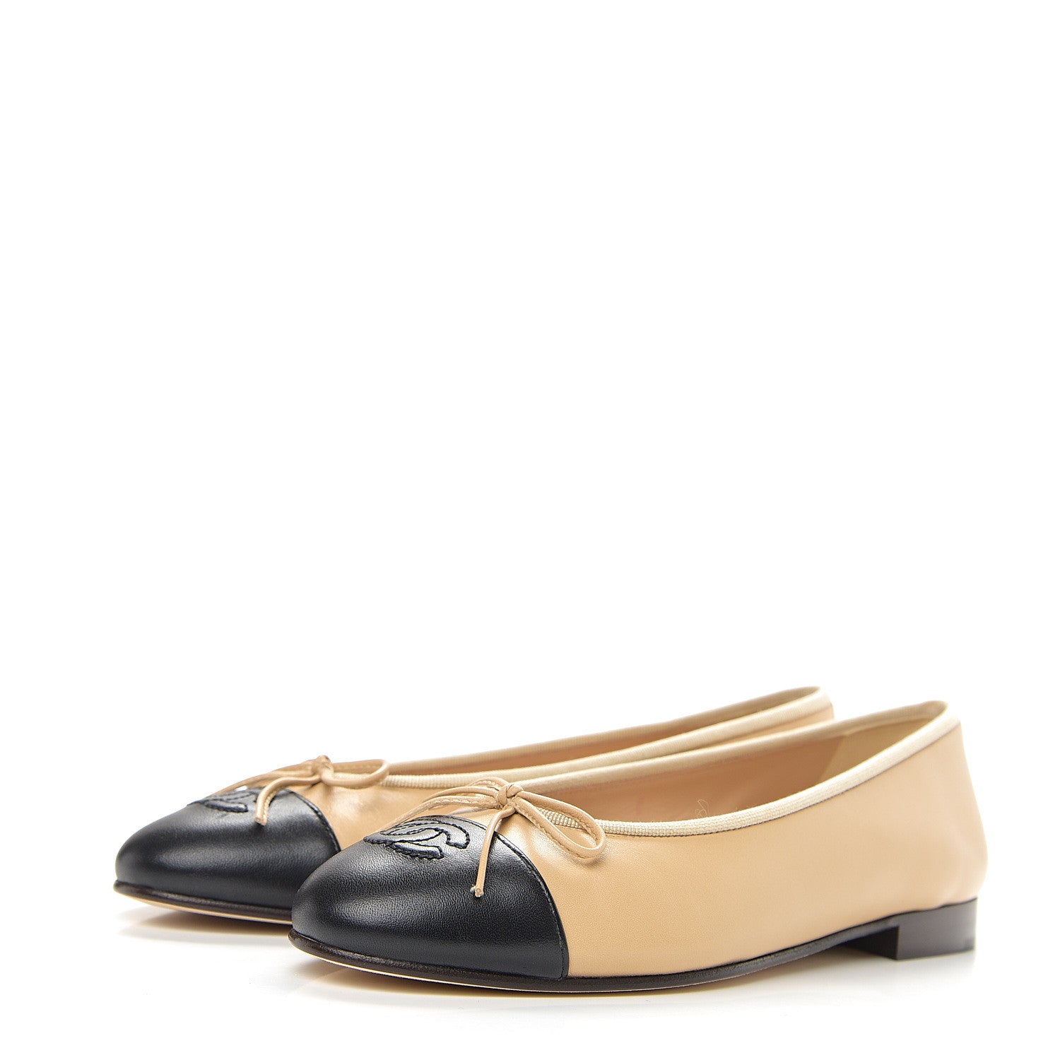 Chanel Lambskin Cap Toe CC Ballerina Flats 38 Beige Black 3 of 12