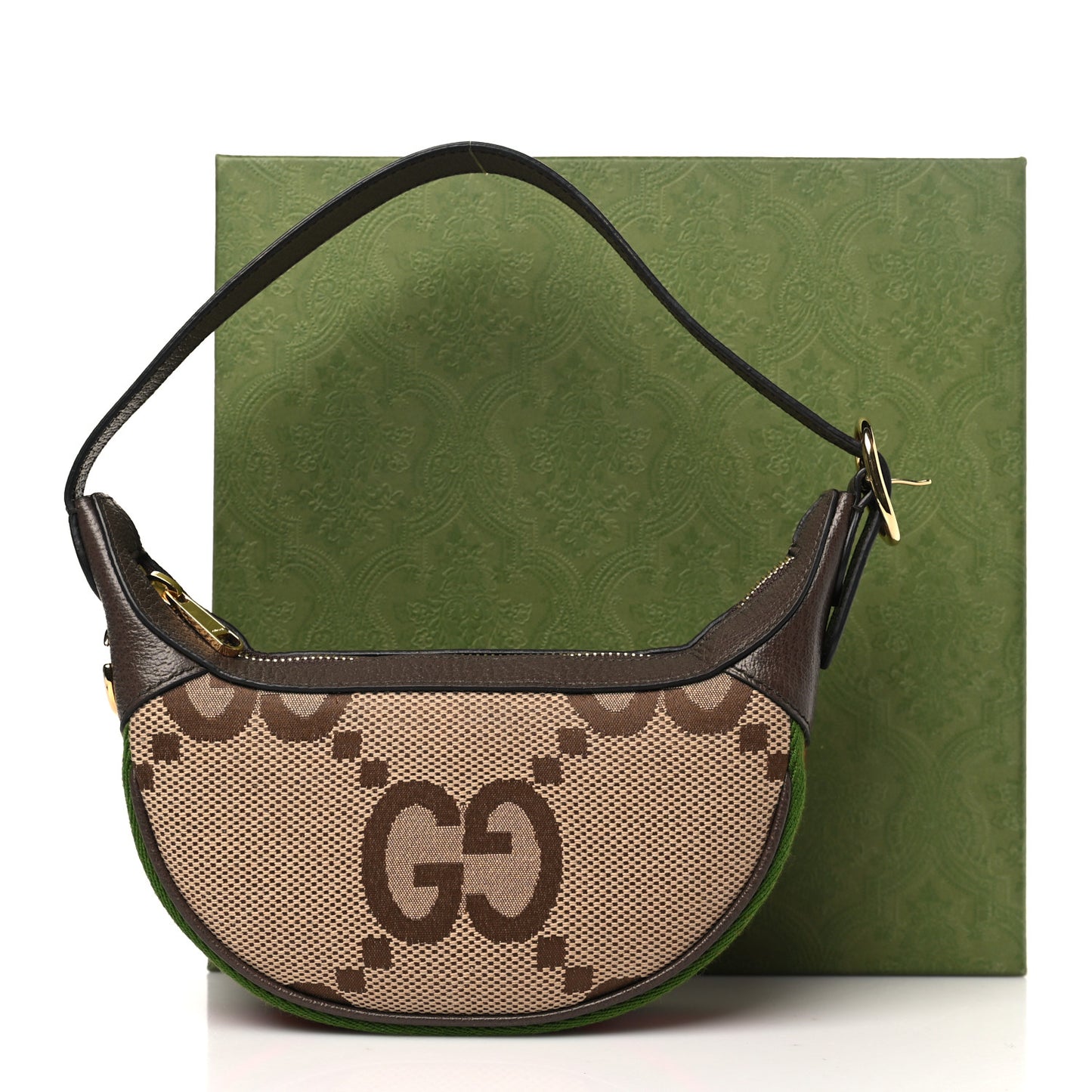 Monogram Jumbo GG Textured Dollar Calfskin Web Mini Ophidia Half Moon Hobo Camel Ebony New Acero