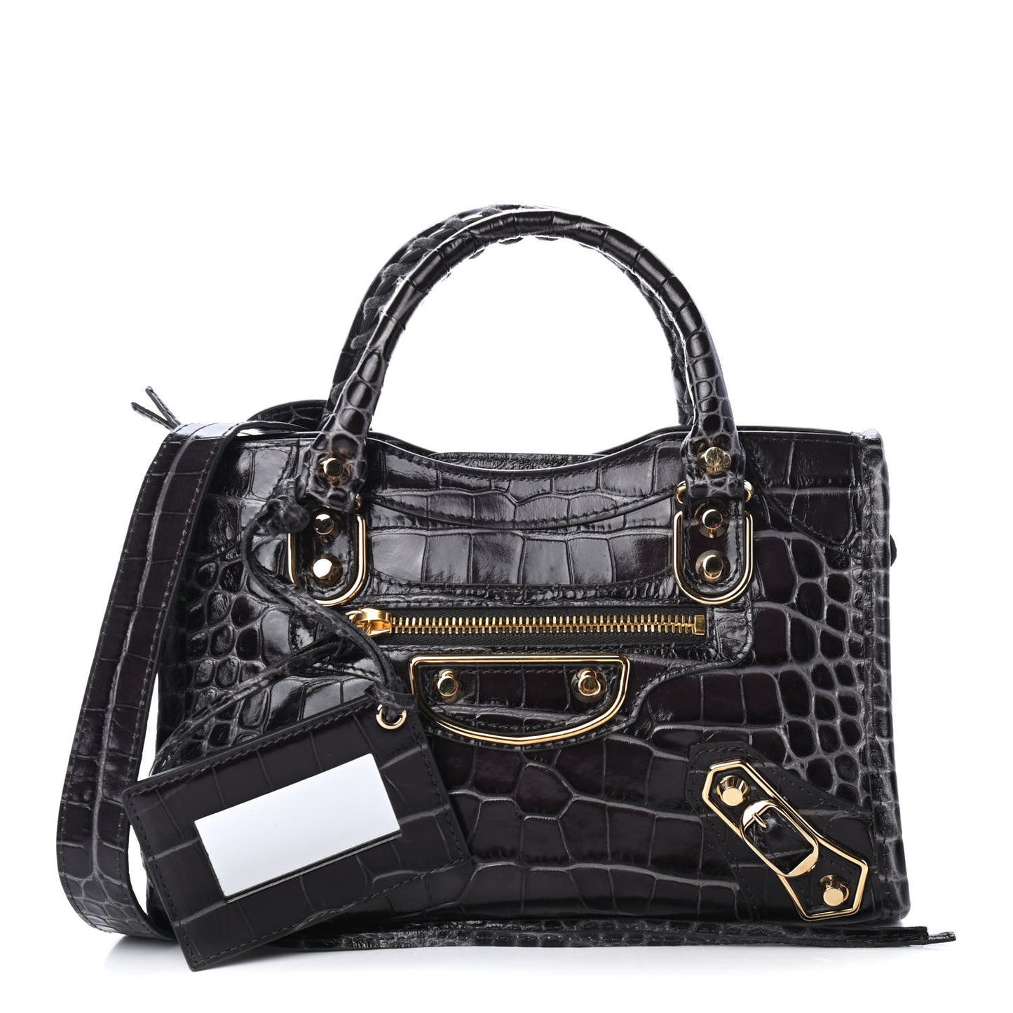 Shiny Supple Calfskin Crocodile Embossed Gold Metallic Edge Hardware Mini City Dark Grey