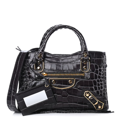 Balenciaga Shiny Supple Calfskin Crocodile Embossed Gold Metallic Edge Hardware Mini City Dark Grey 1 of 4