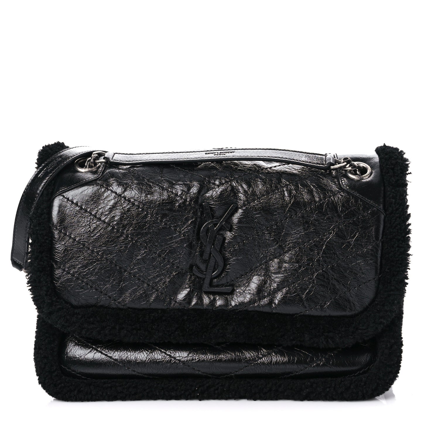 Crinkled Calfskin Shearling Monogram Medium Niki Chain Satchel Black