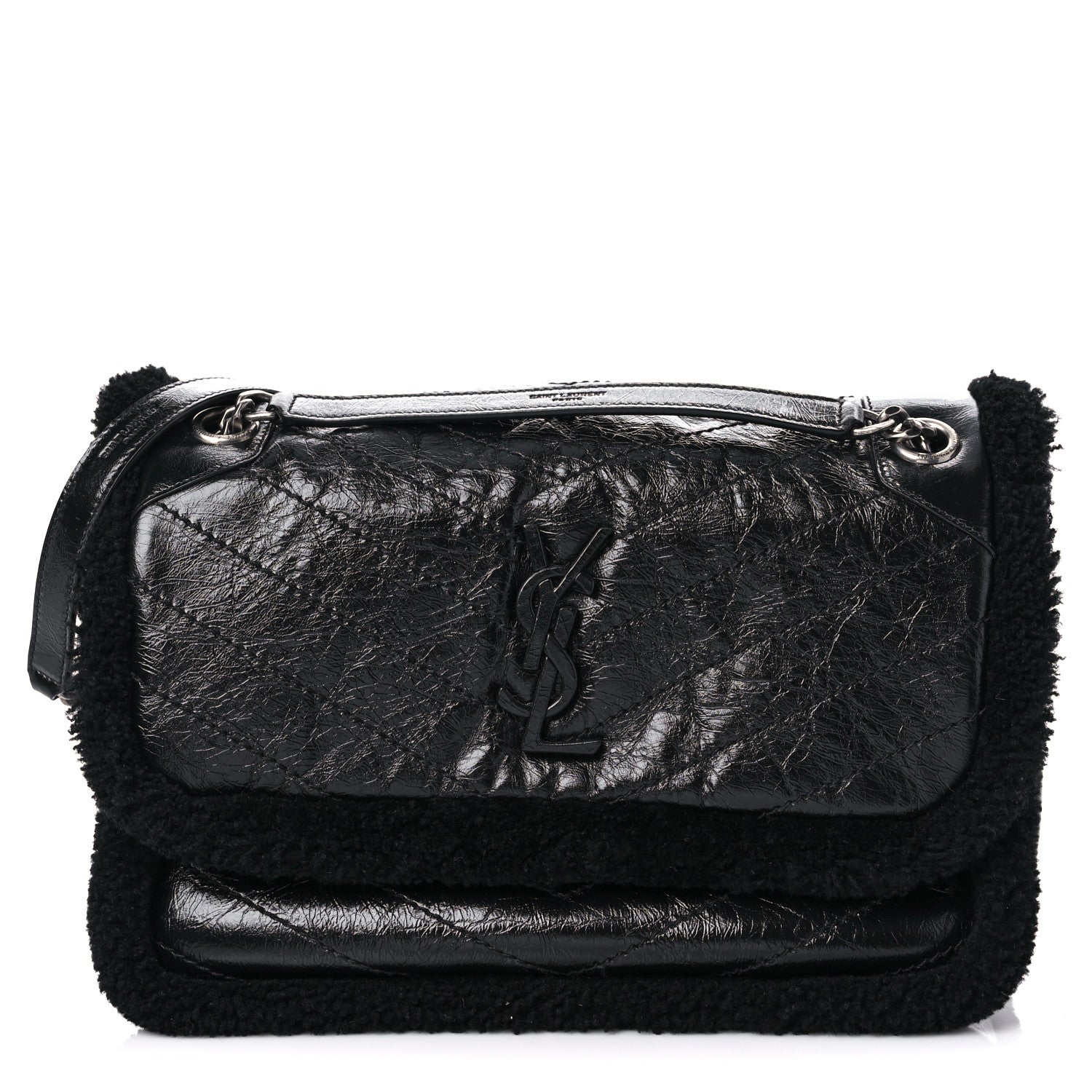 Saint Laurent Crinkled Calfskin Shearling Monogram Medium Niki Chain Satchel Black 1 of 12