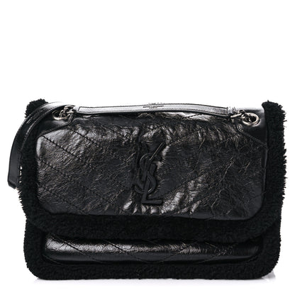 Saint Laurent Crinkled Calfskin Shearling Monogram Medium Niki Chain Satchel Black 1 of 12