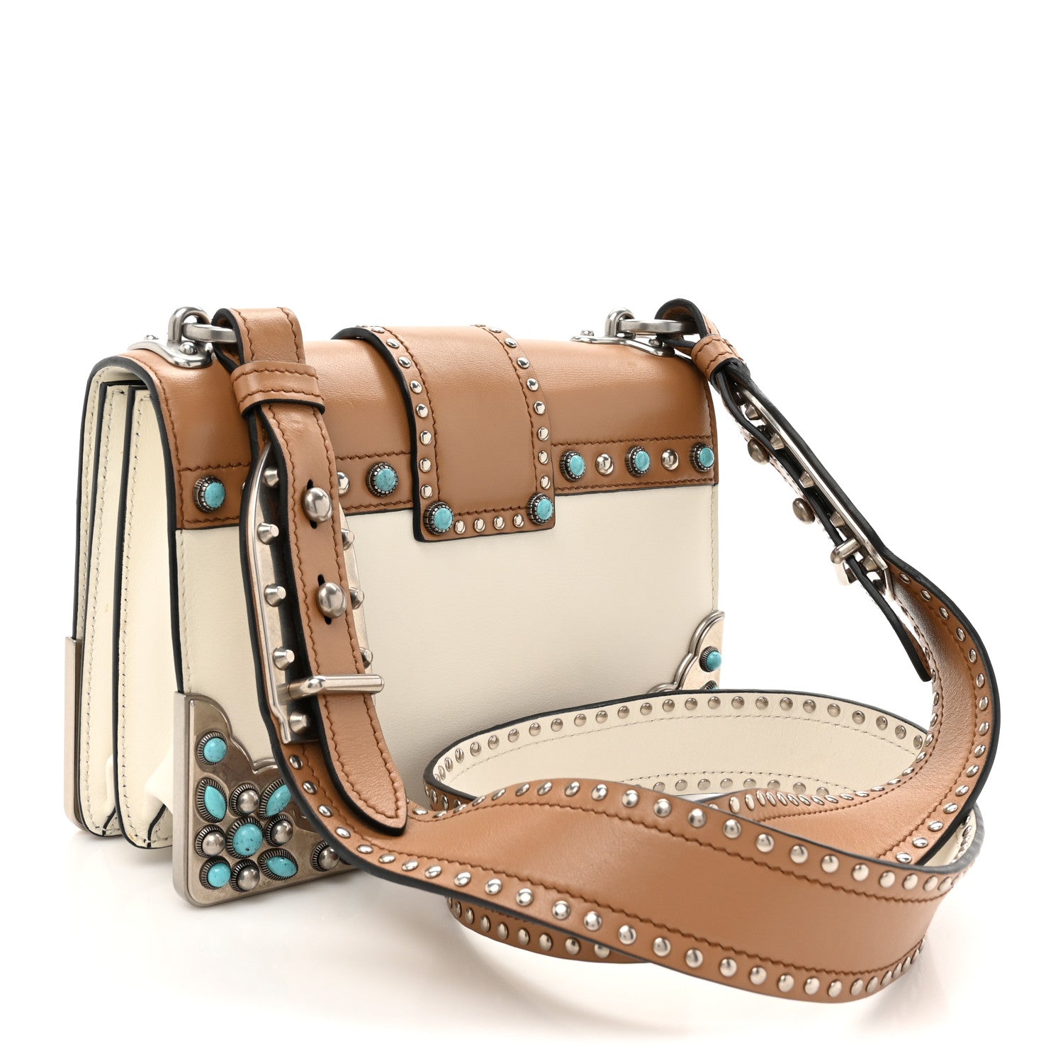Prada City Calf Studded Folk Cahier Bag White Caramel 3 of 10