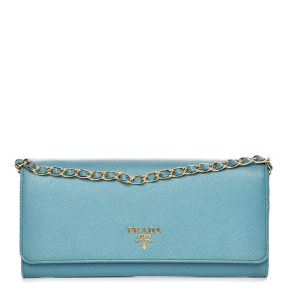 Prada Saffiano Metal Oro Chain Wallet Turchese 1 of 10