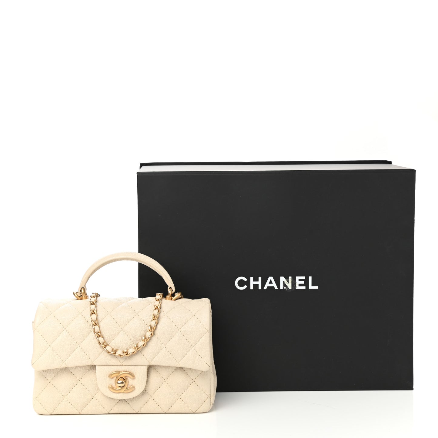 Caviar Quilted Mini Top Handle Rectangular Flap Beige