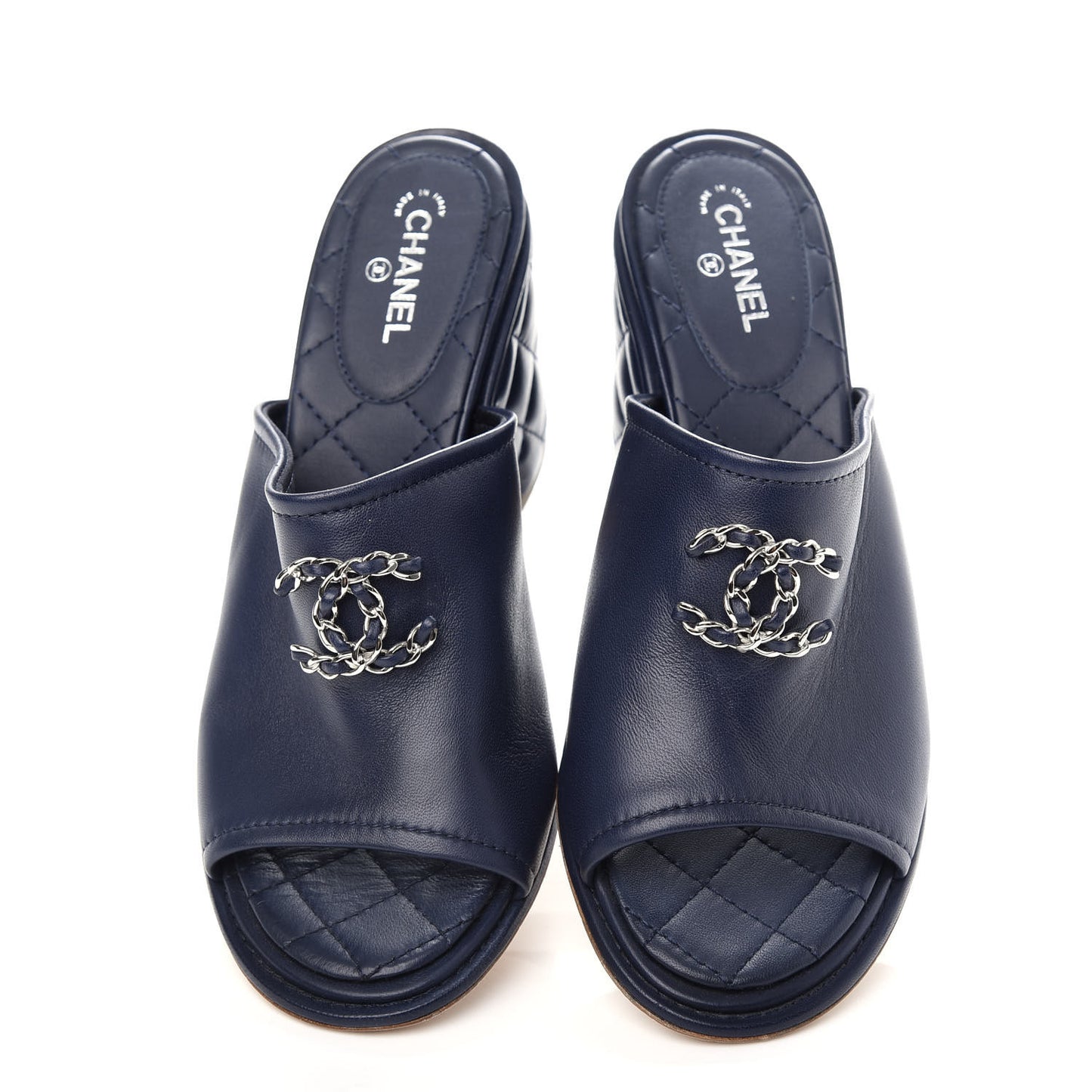 Lambskin Quilted CC Chain Mules 38.5 Navy Blue