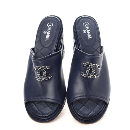 Chanel Lambskin Quilted CC Chain Mules 38.5 Navy Blue 5 of 9