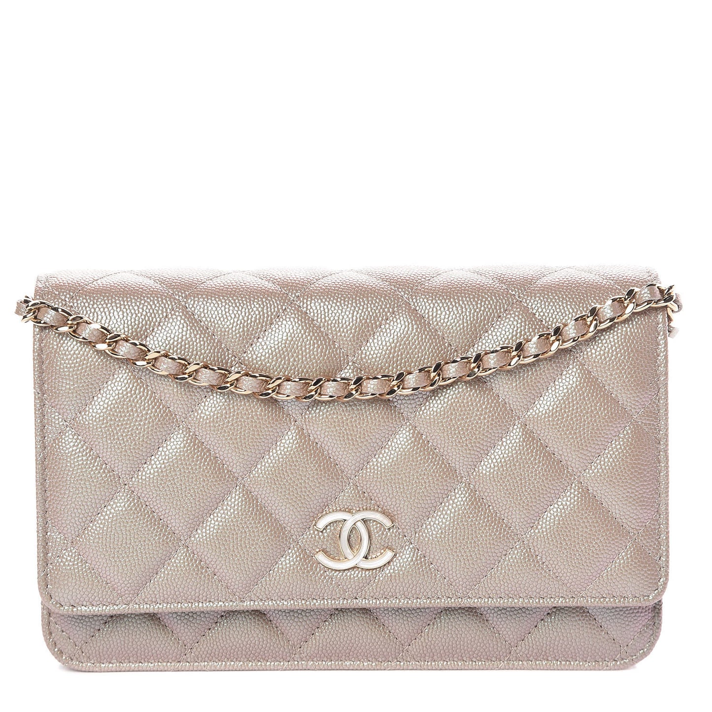 Iridescent Caviar Quilted Wallet On Chain WOC Beige