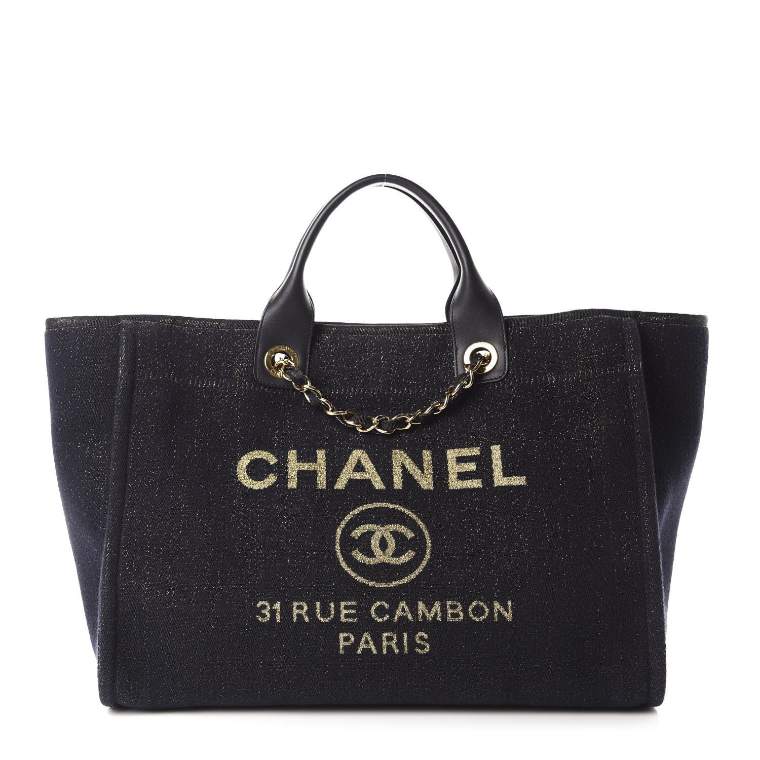 Chanel Lurex Canvas Medium Deauville Tote Navy Blue Gold 1 of 12